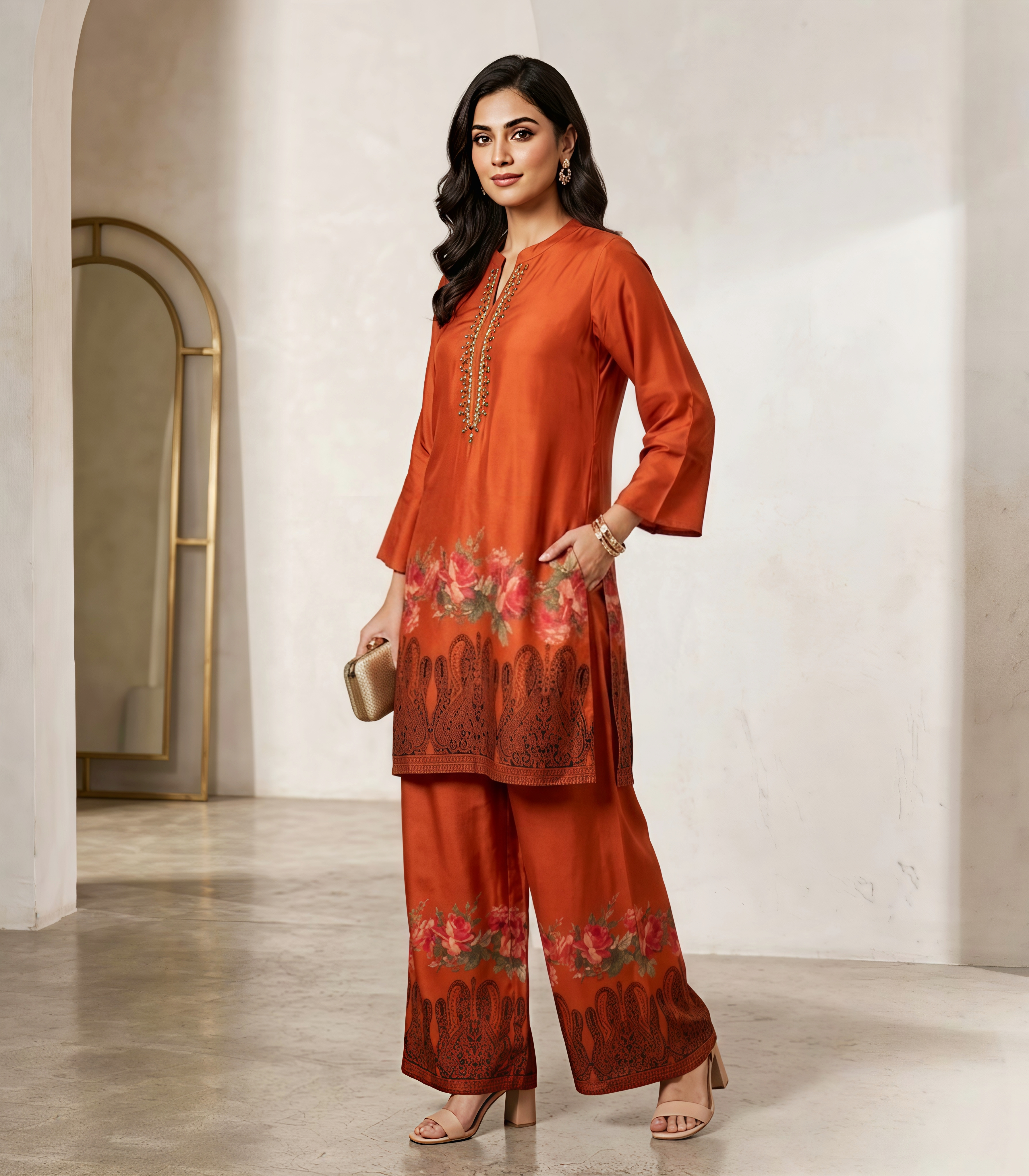 Women's Orange Tunic With Trousers Co-Ords