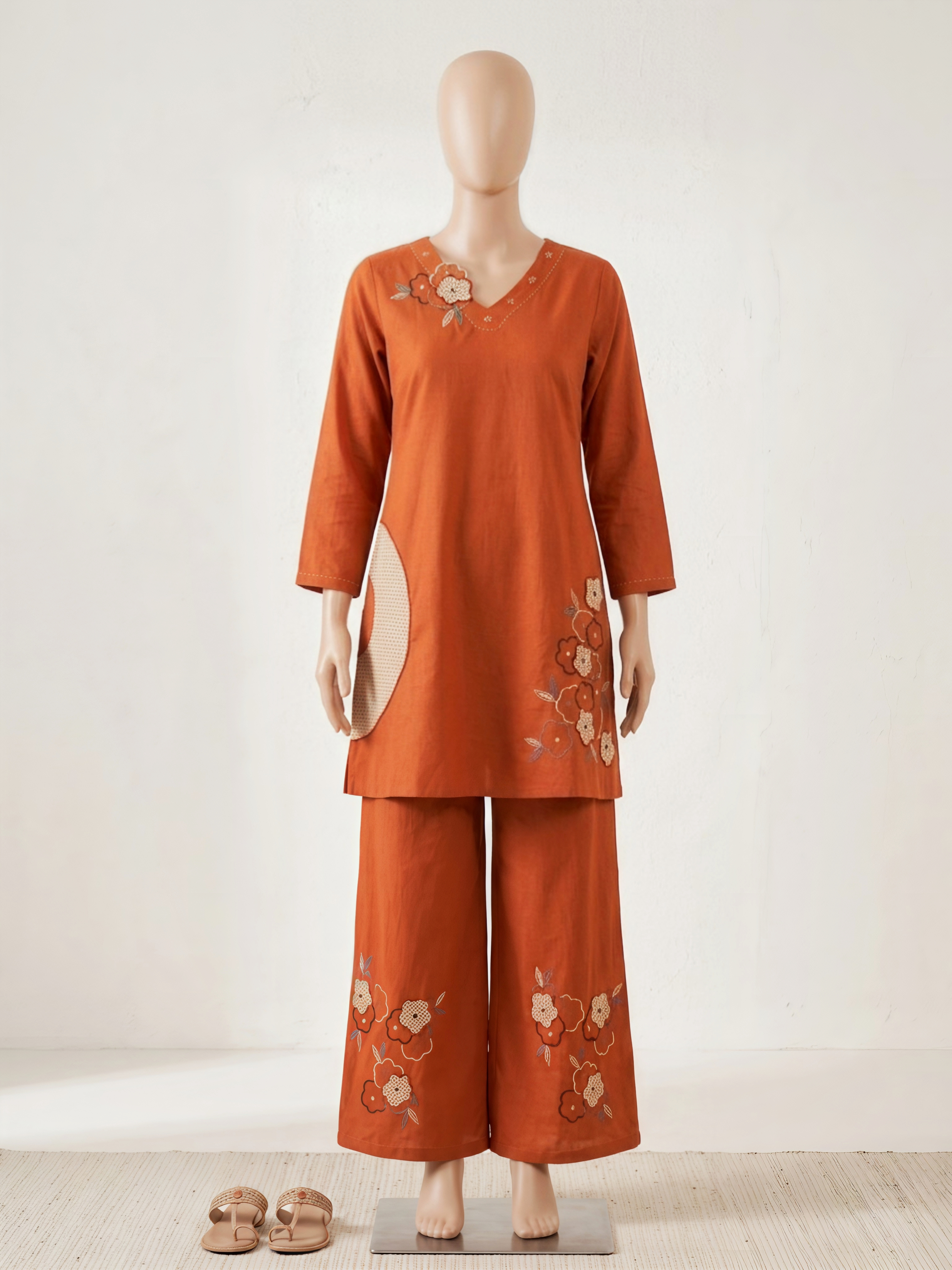 Women's Rust Orange Ethnic Co-ord Set with Floral Embroidery