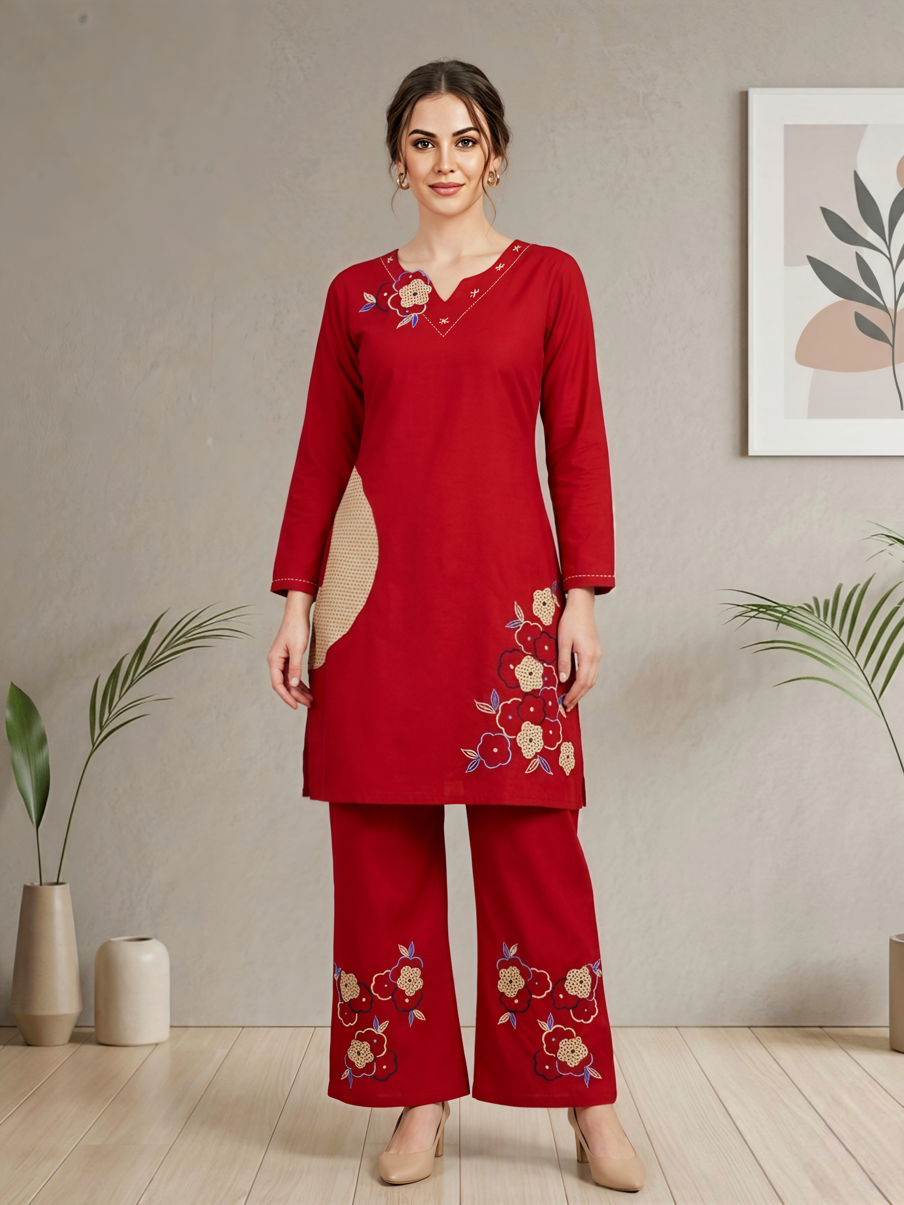 Maroon Cotton Co-ord Set with Floral Embroidery and Wide-Leg Trousers