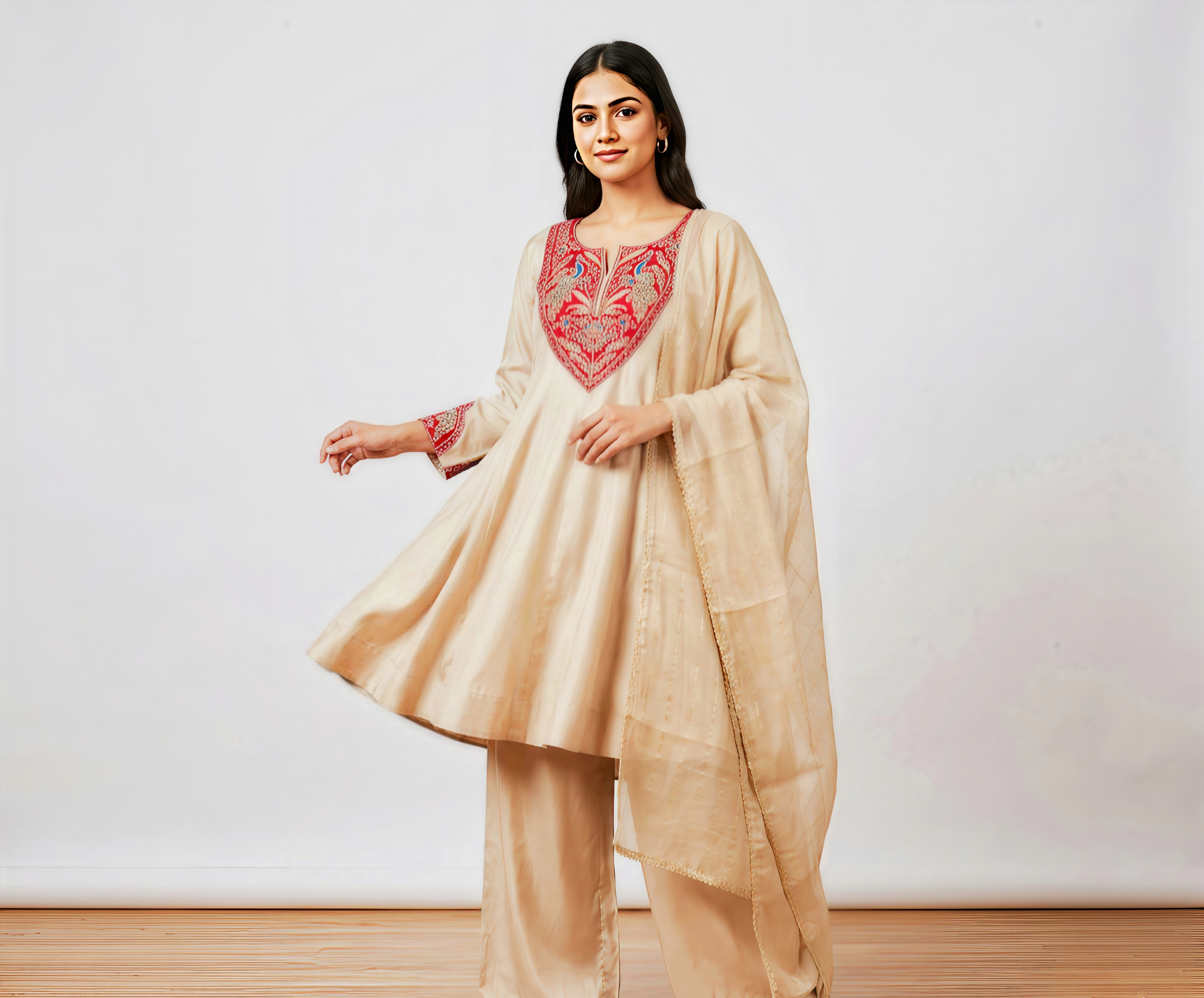 Women's Beige Silk Ethnic Suit Set – Embroidered Short Kurta with Palazzo and Dupatta