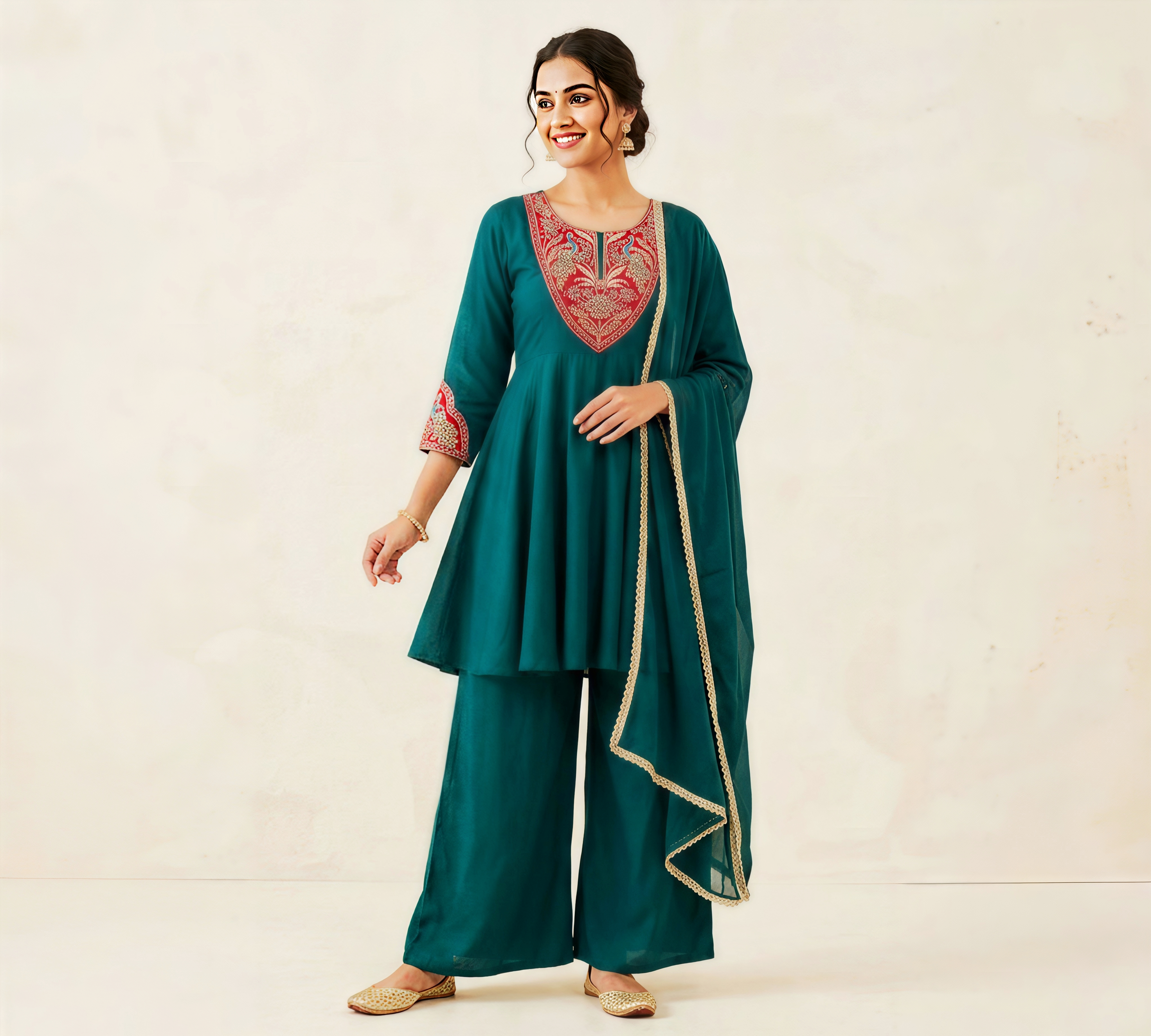 The Peacock Teal Short Anarkali Suit Set with Intricate Yoke Embroidery and Scalloped Dupatta