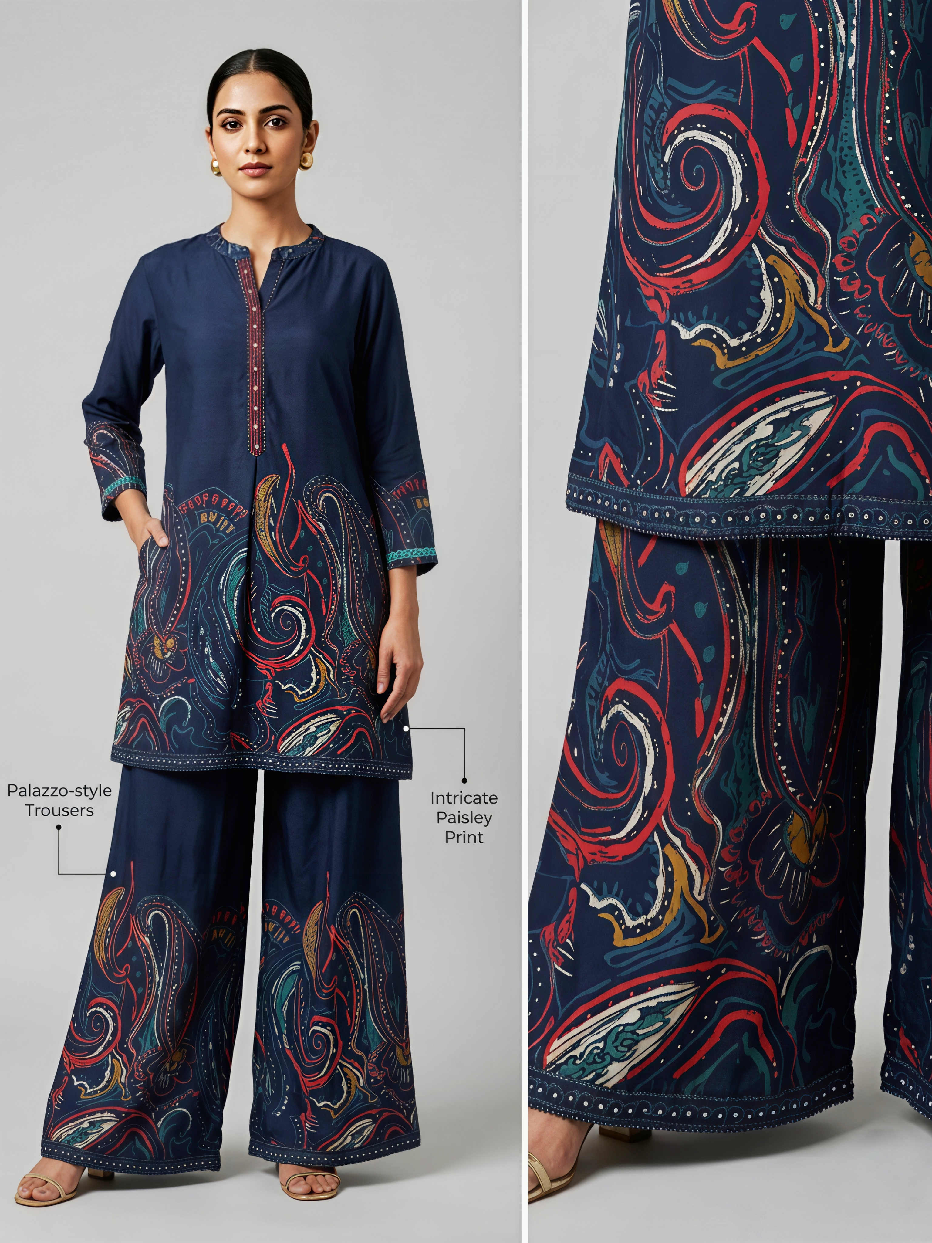 The Indigo Abstract Paisley Tunic & Wide-Leg Trouser Set