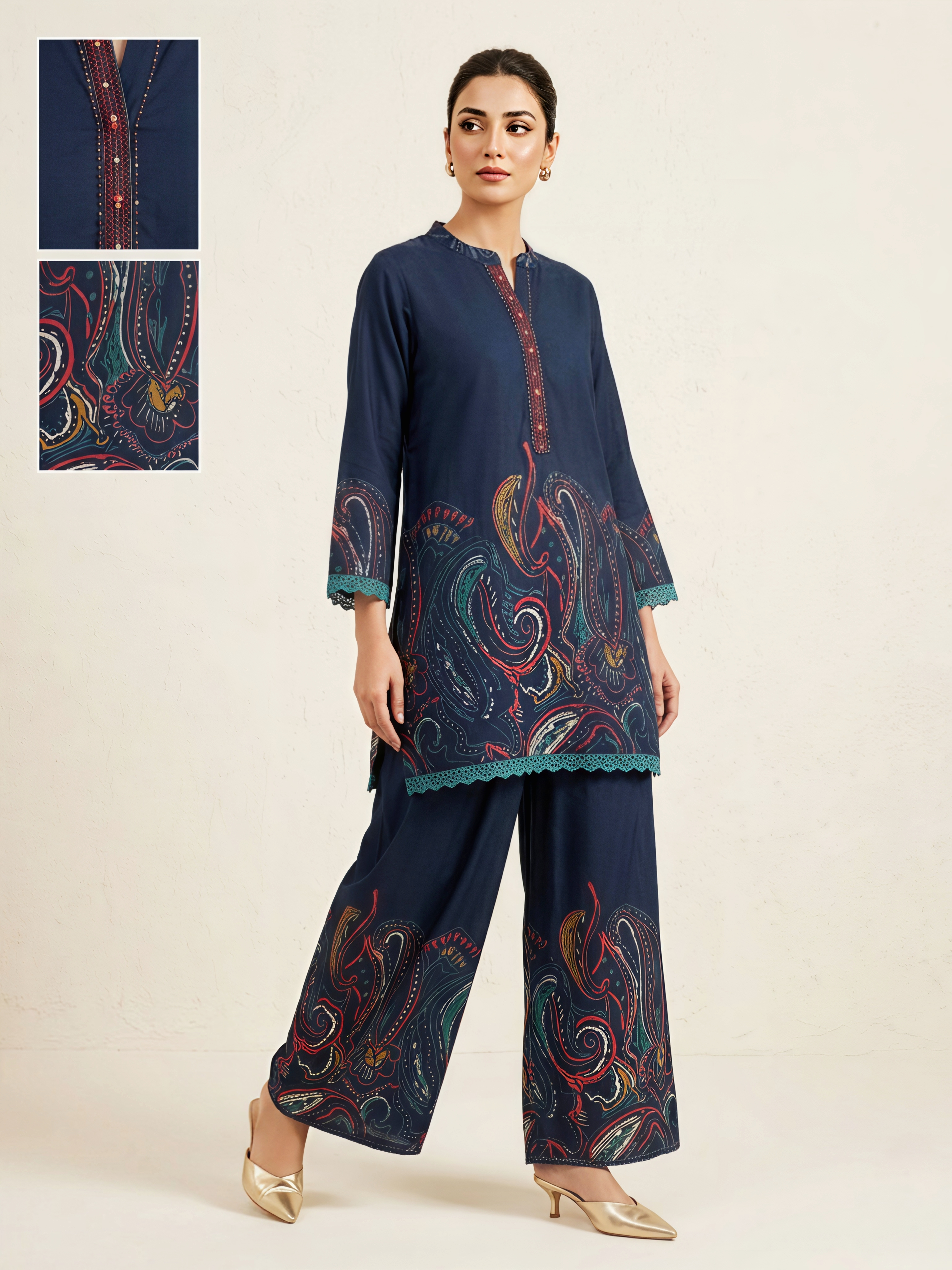 The Indigo Abstract Paisley Tunic & Wide-Leg Trouser Set