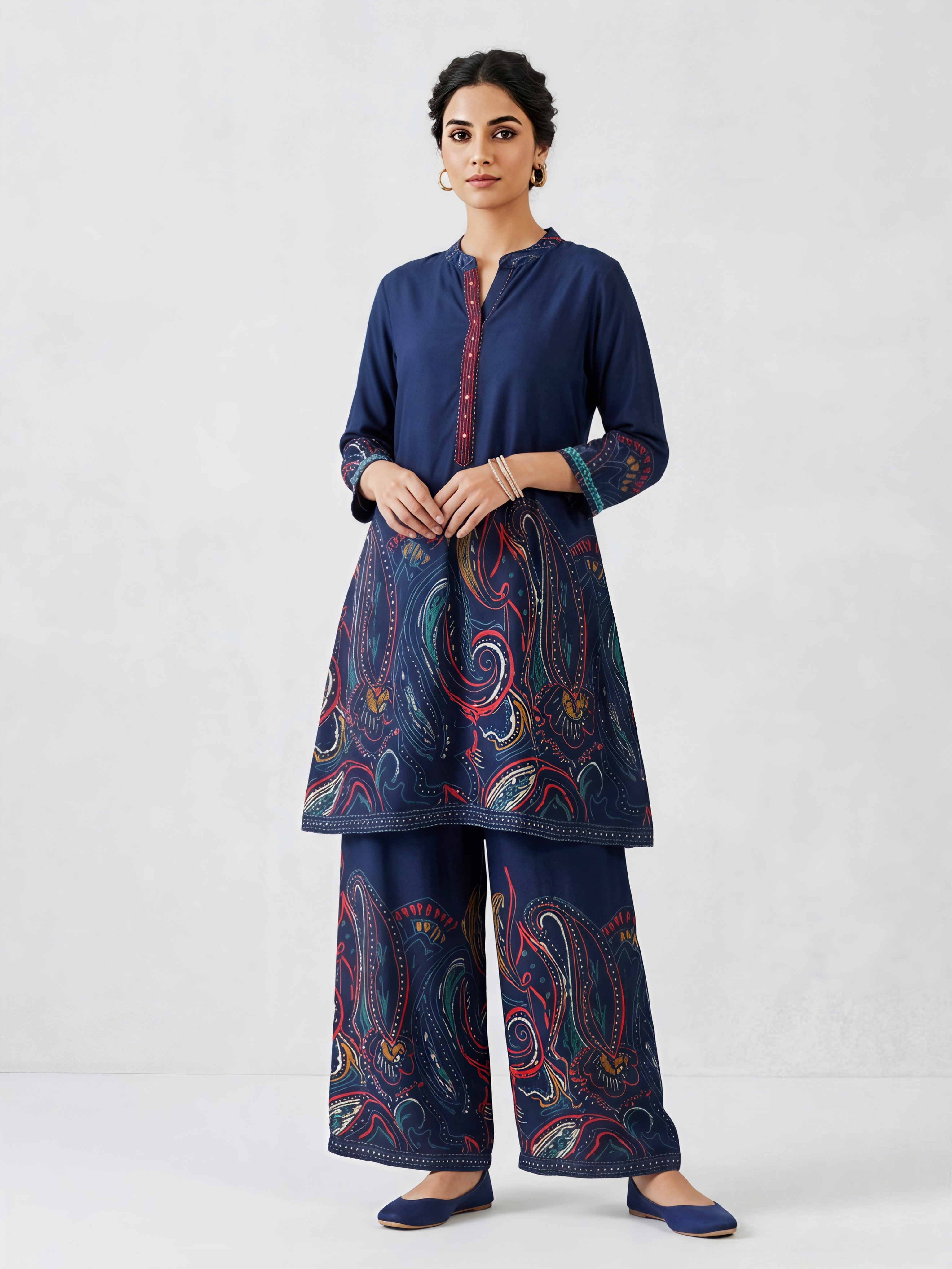 The Indigo Abstract Paisley Tunic & Wide-Leg Trouser Set