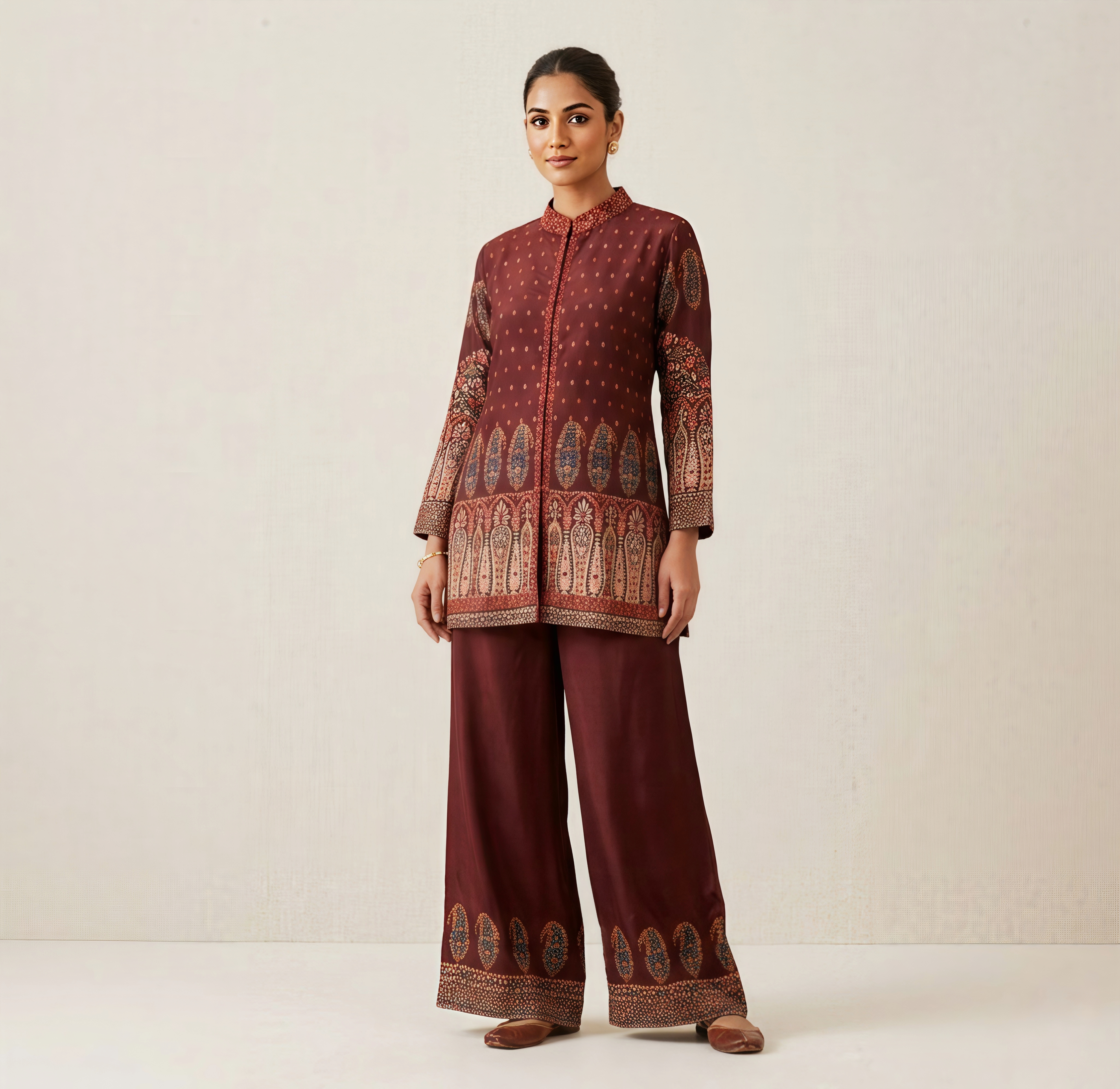 Rich Deep Wine Paisley Crap-Silk-Finish Co-ord Set with Mandarian Collar