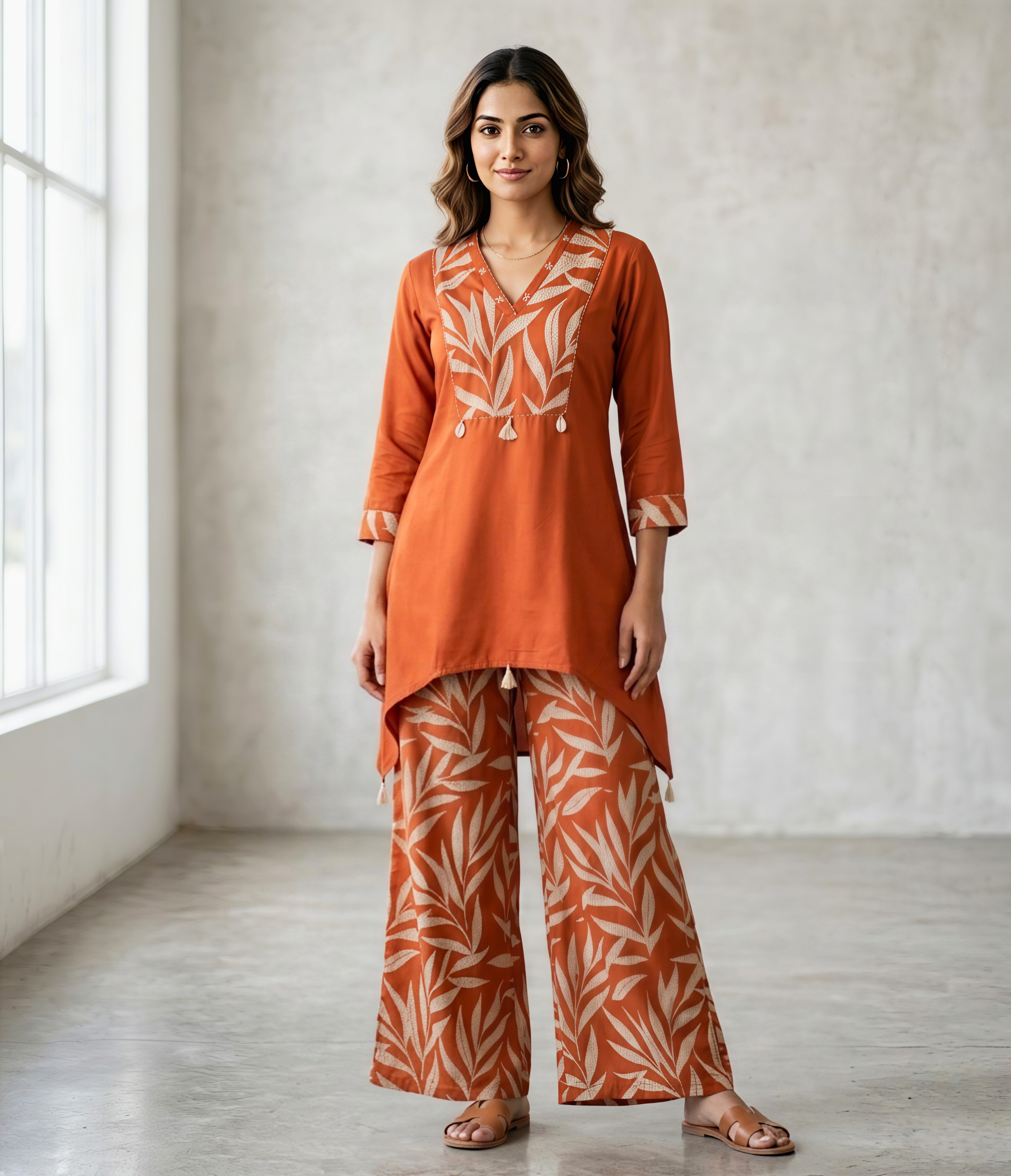 Women's Rust & Cream Leaf Print Cotton Co-ord Set – 3/4 Sleeve Tunic with Palazzo Pants