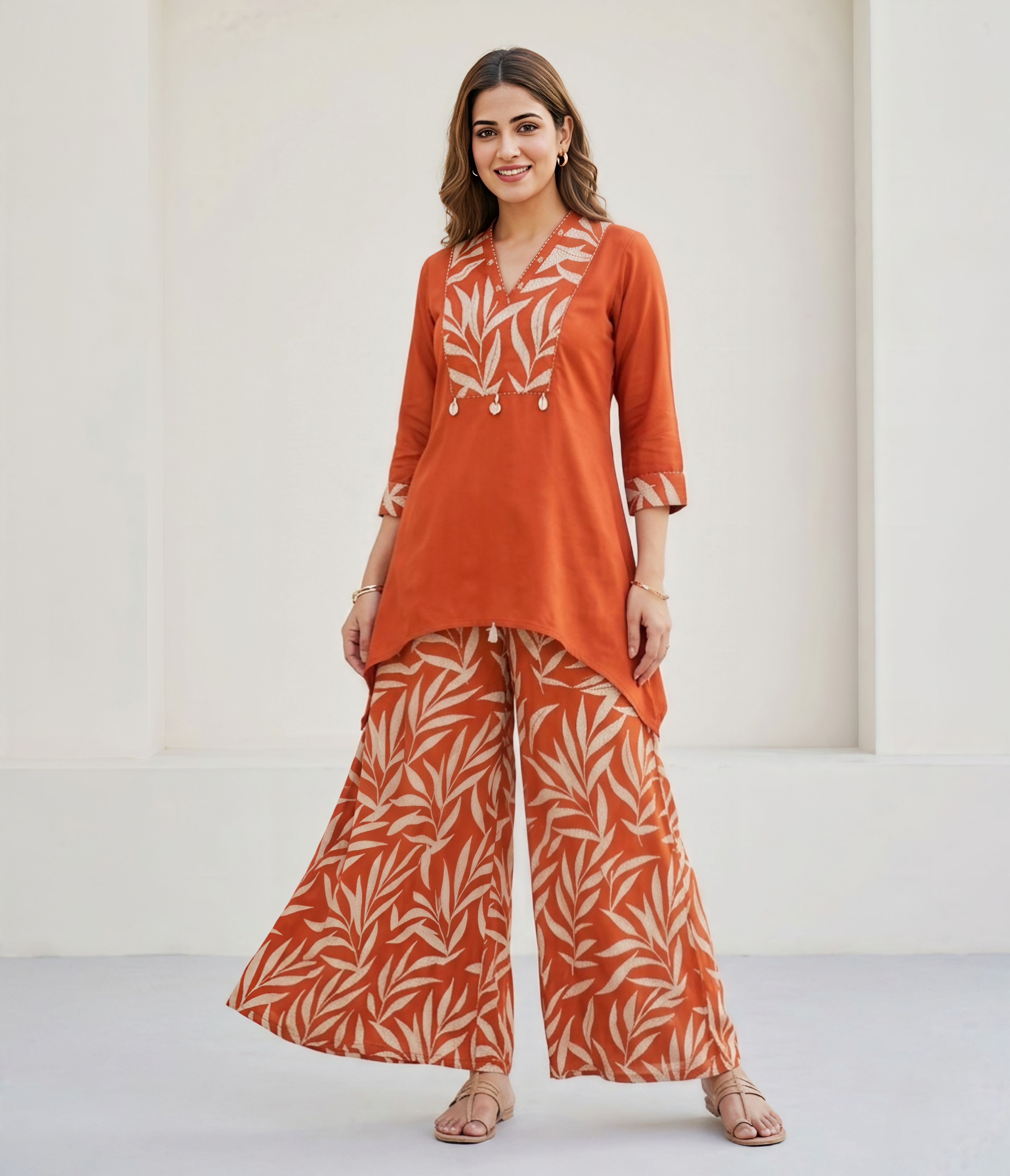 Women's Rust & Cream Leaf Print Cotton Co-ord Set – 3/4 Sleeve Tunic with Palazzo Pants