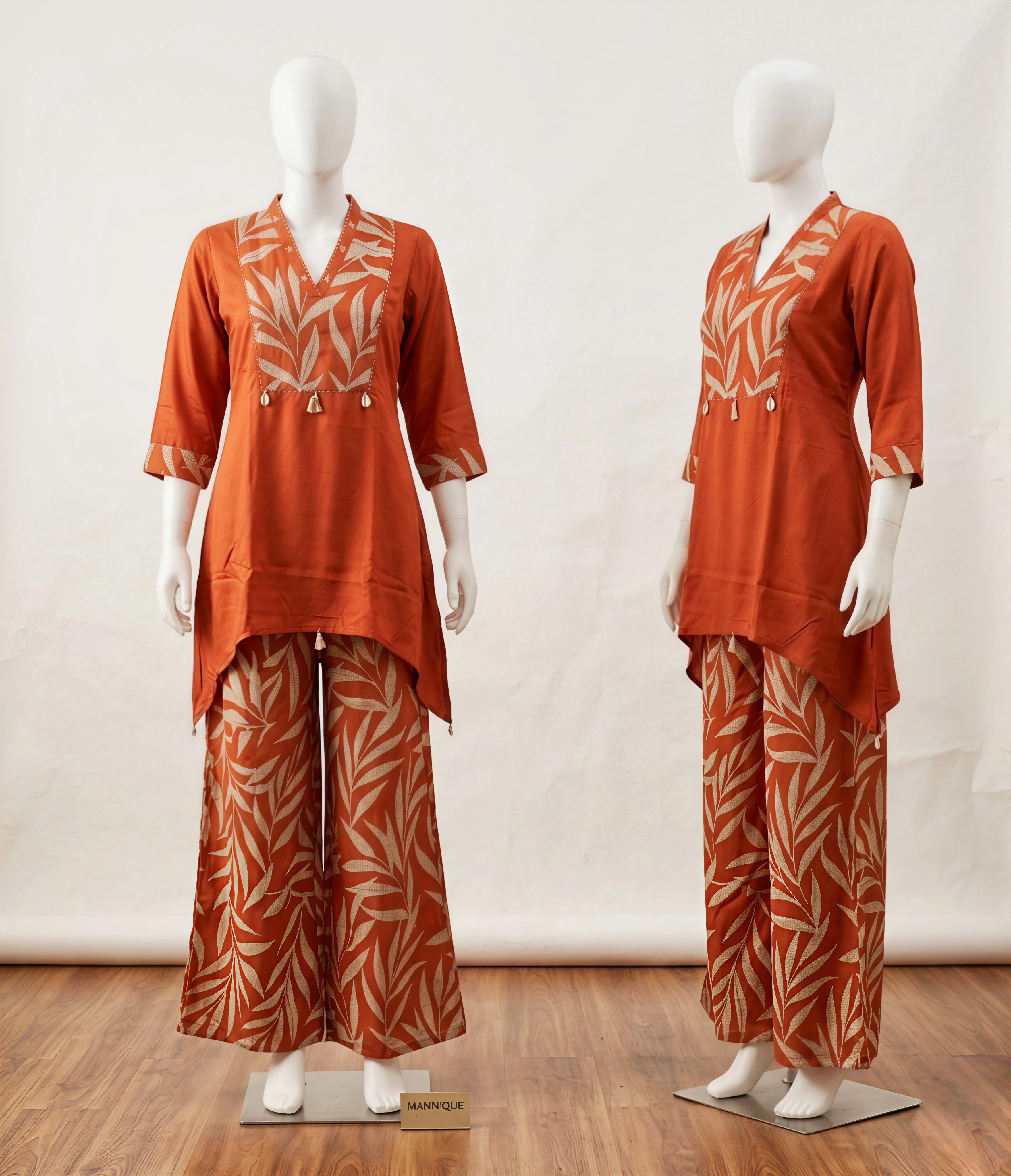 Women's Rust & Cream Leaf Print Cotton Co-ord Set – 3/4 Sleeve Tunic with Palazzo Pants