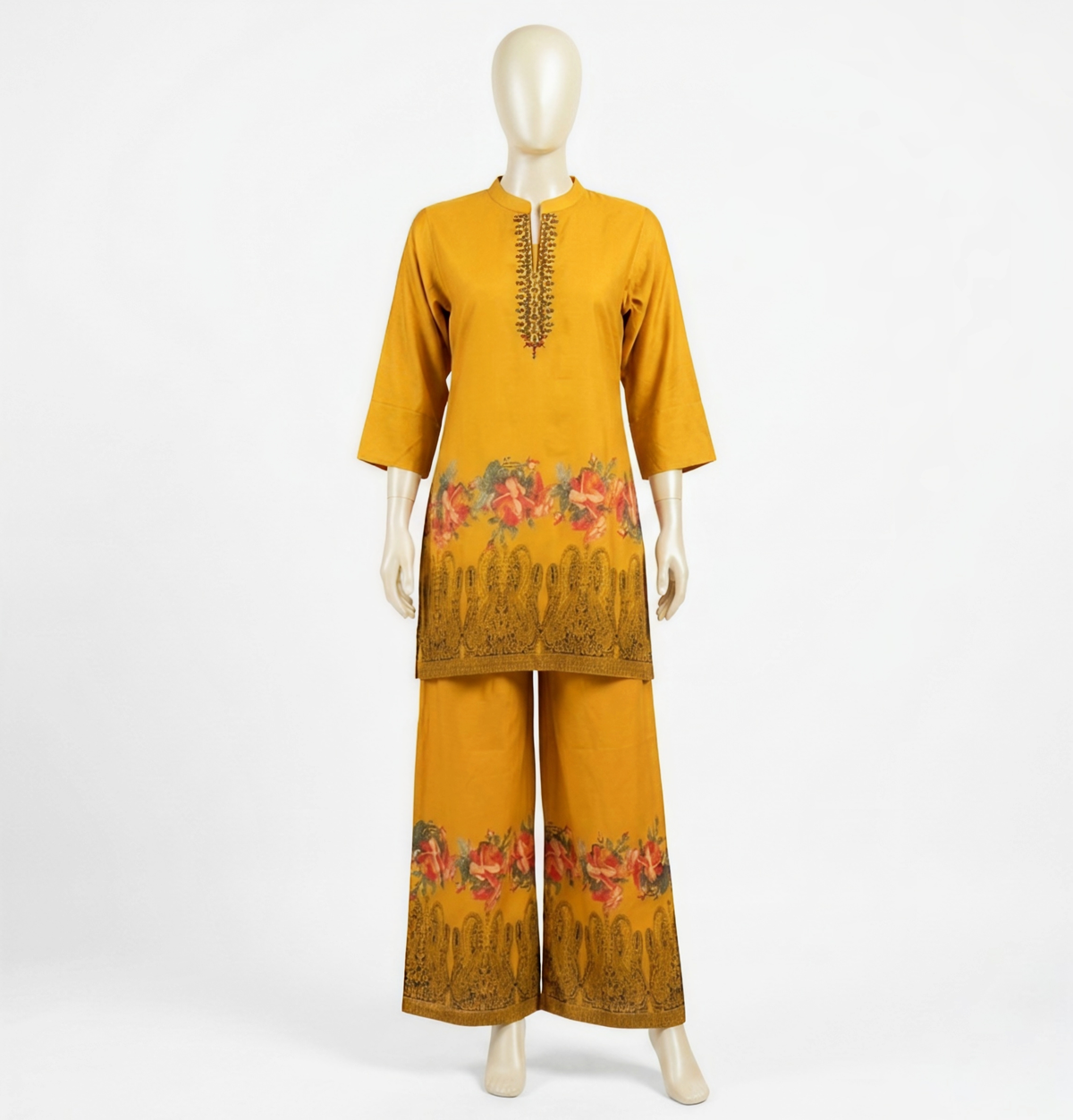 Marigold Bloom: Two-Piece Printed Co-ord Set with Intricate Border Detail