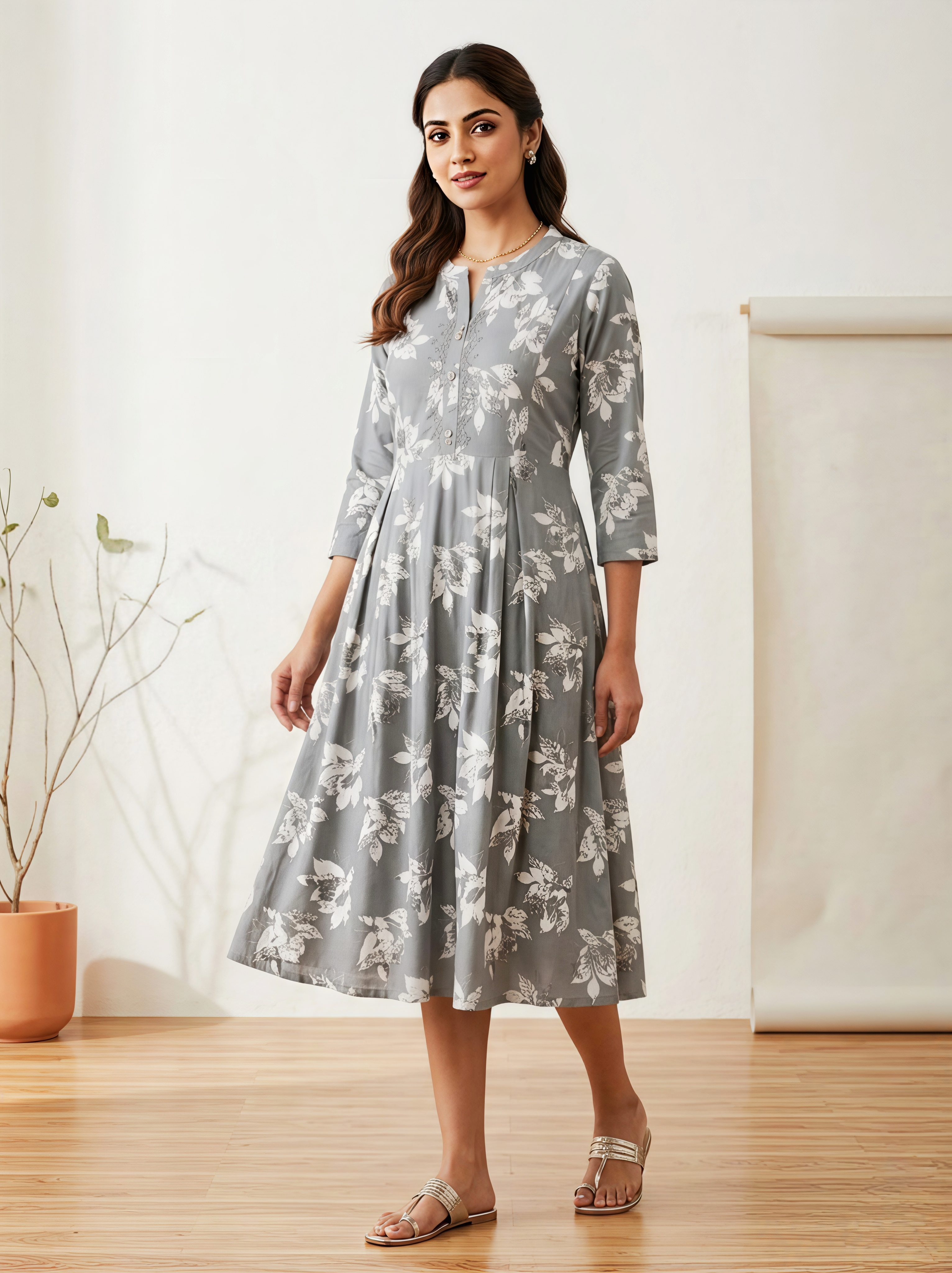 Women's Grey Floral Print RAYON Kurti with Mandarin Collar