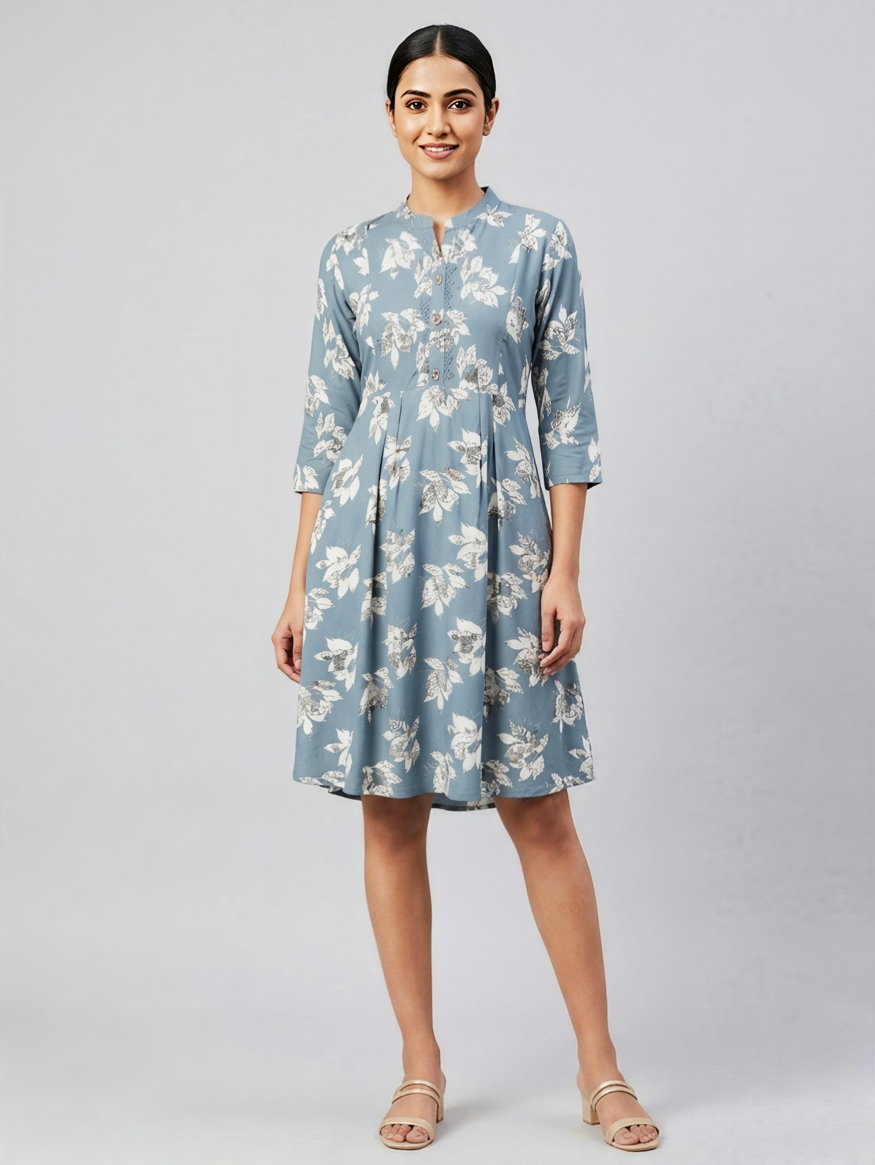 Dusty Blue Floral Print Anarkali Kurti with Mandarin Collar & Pleated Waist