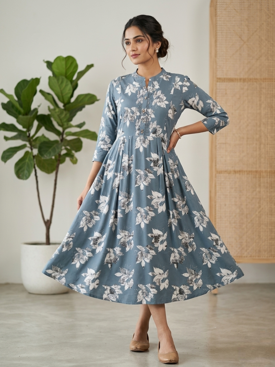 Dusty Blue Floral Print Anarkali Kurti with Mandarin Collar & Pleated Waist