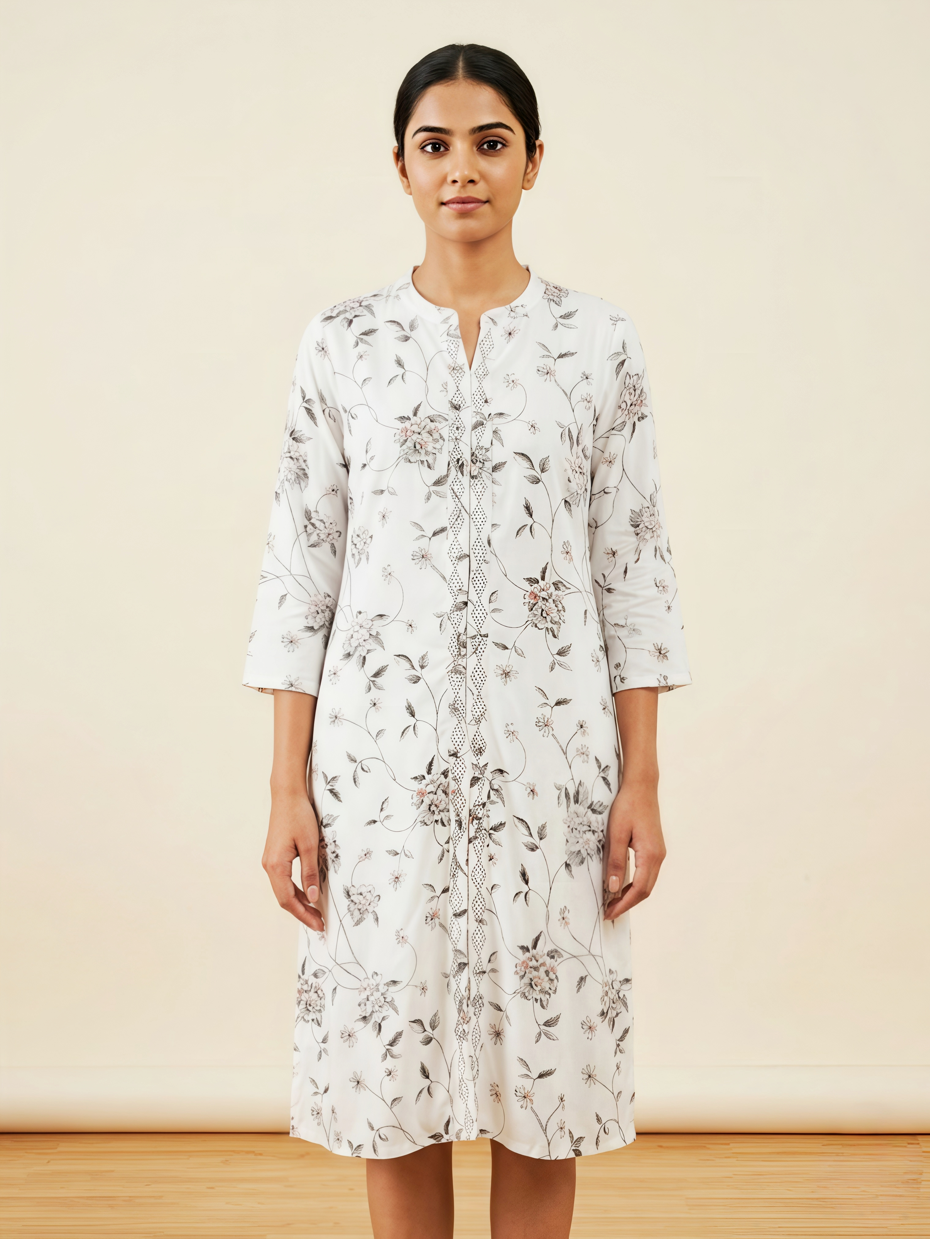 Women's White & Charcoal Floral Print Kurti with Lattice Lace Trim