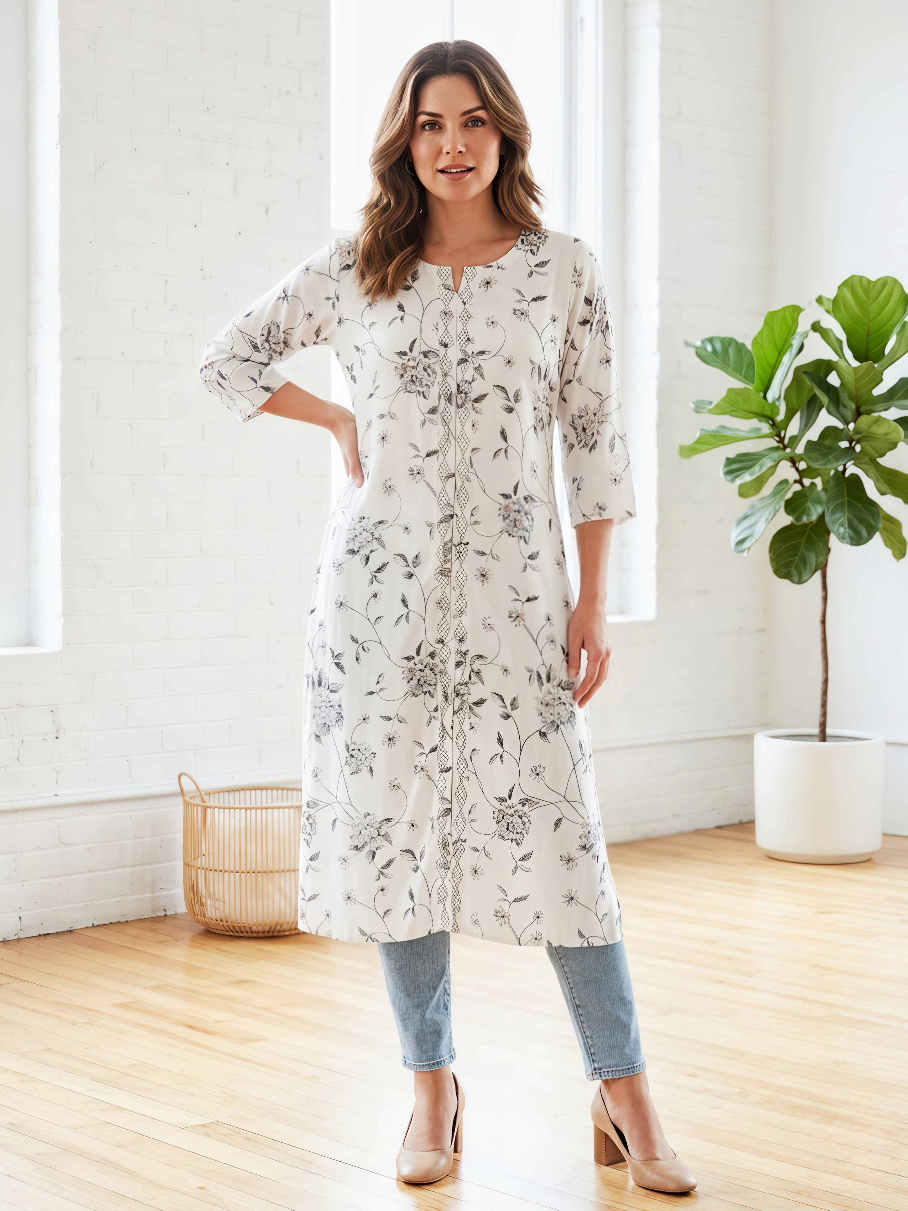 Women's White & Charcoal Floral Print Kurti with Lattice Lace Trim