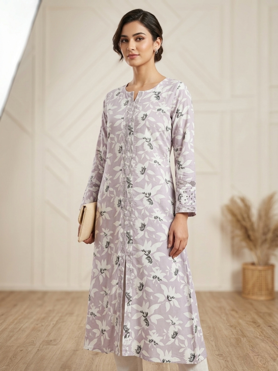 Lavender & White Floral Print Straight Kurta with Crochet Lace Detail