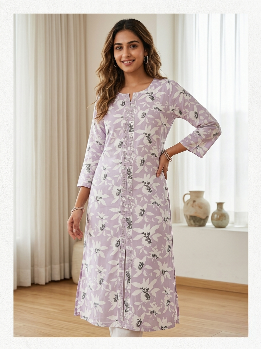 Lavender & White Floral Print Straight Kurta with Crochet Lace Detail