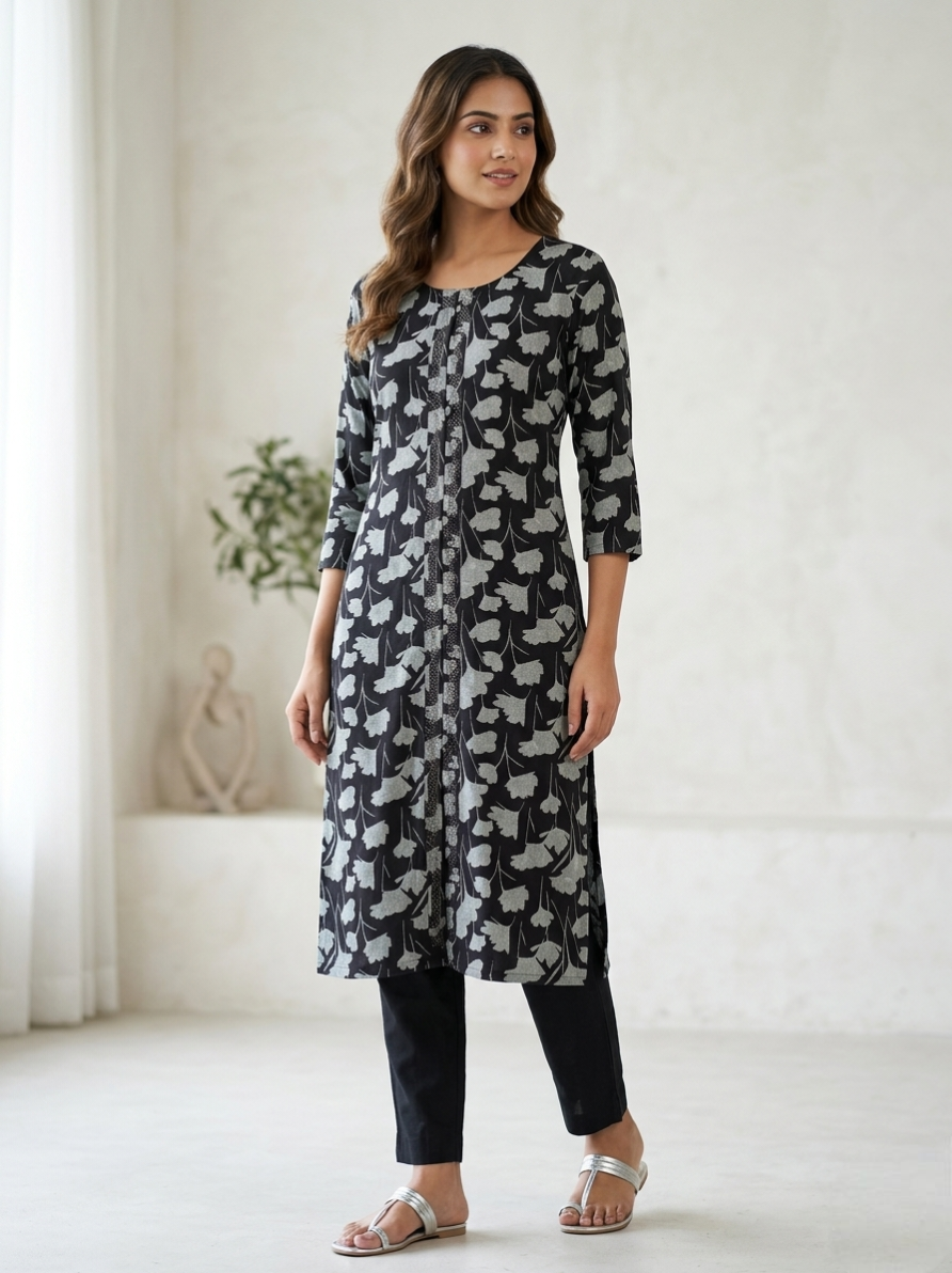Women’s Black & Grey Floral Printed Straight Kurti 3/4 Sleeve Knee-Length