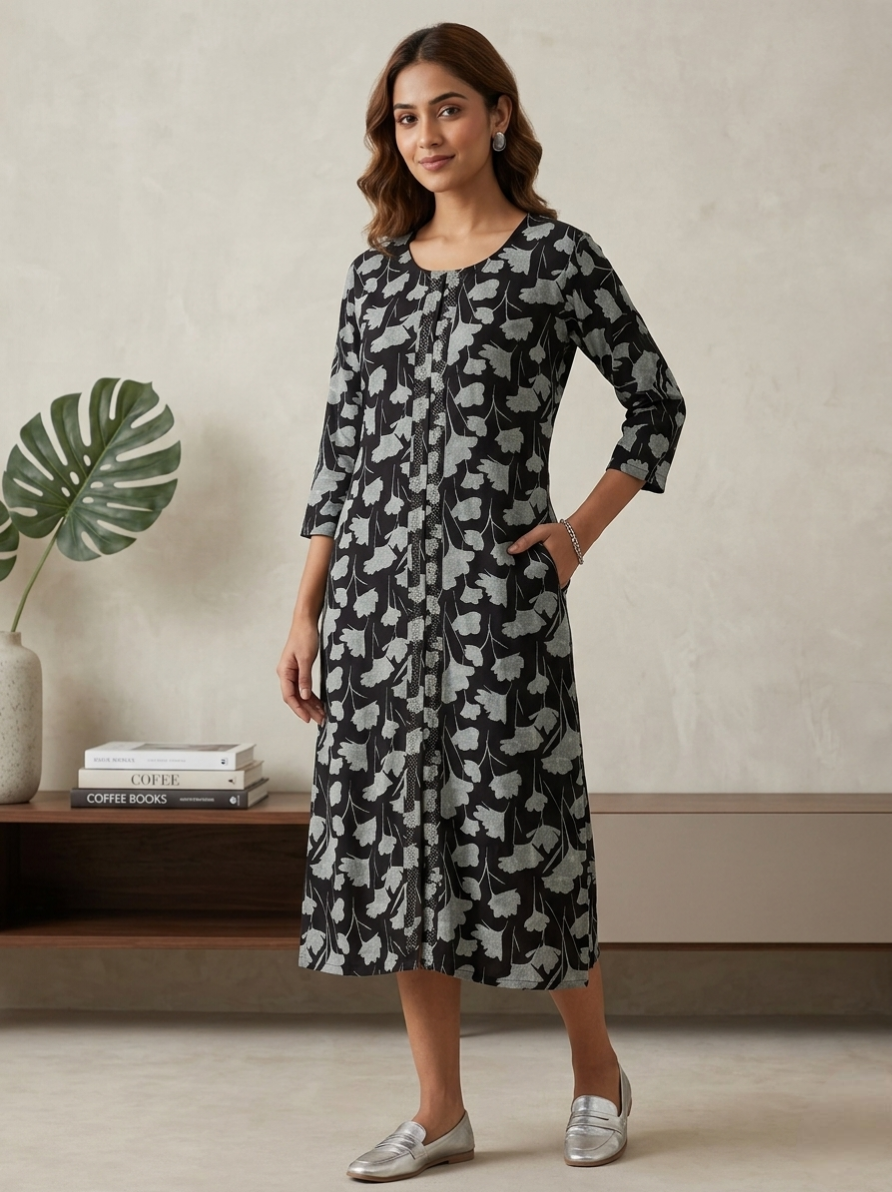 Women’s Black & Grey Floral Printed Straight Kurti 3/4 Sleeve Knee-Length