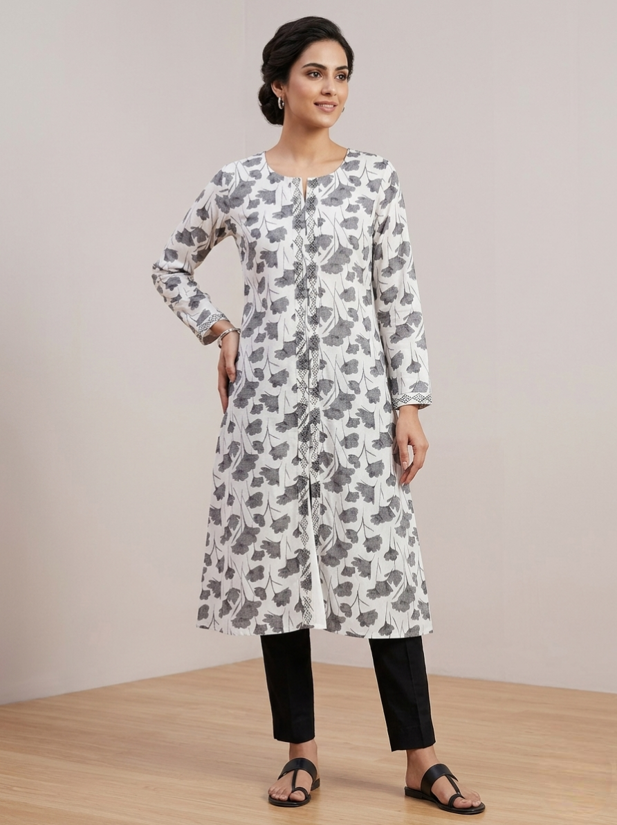Monochrome Floral Print Kurti with Embroidered Placket