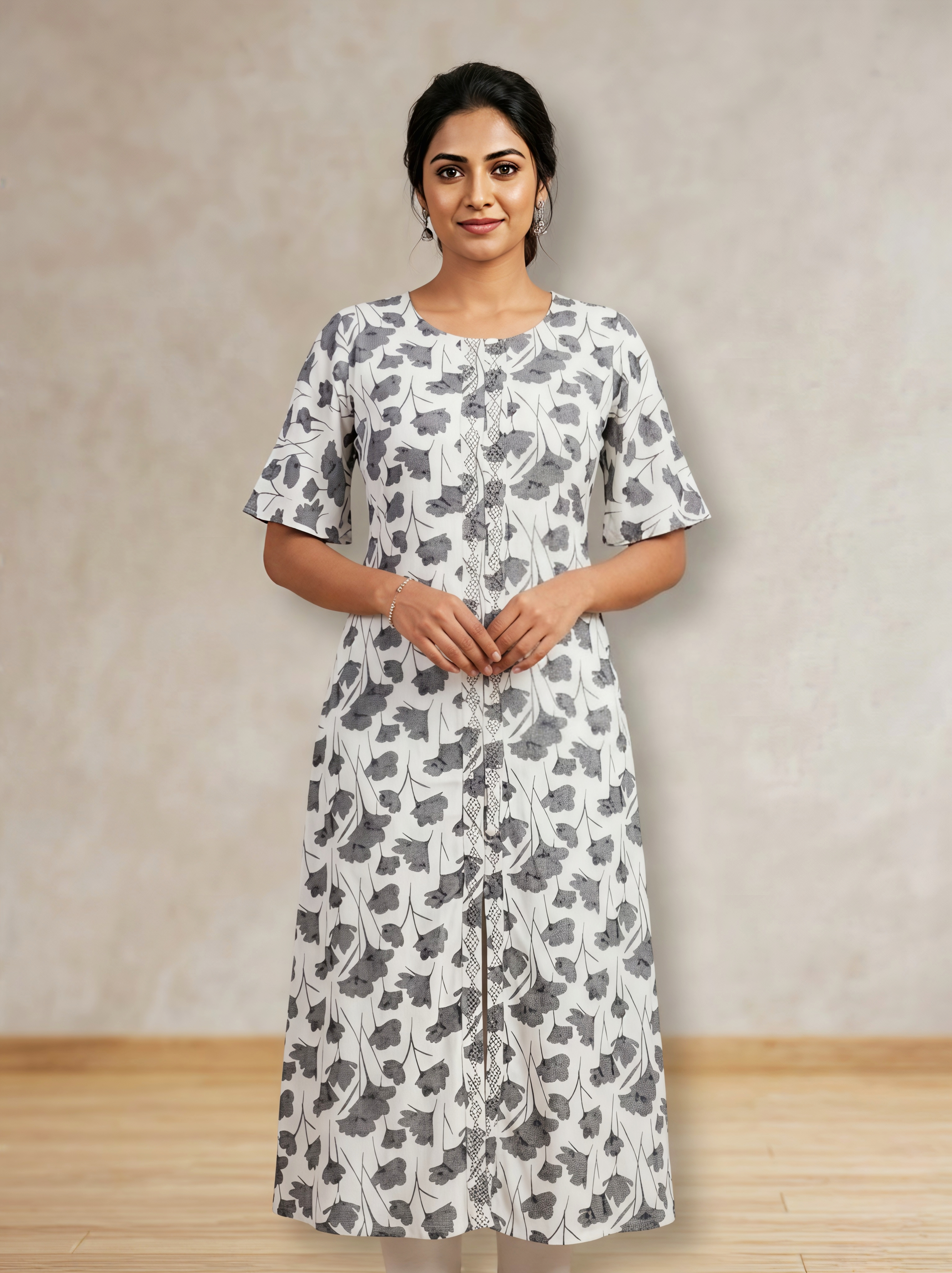 Monochrome Floral Print Kurti with Embroidered Placket