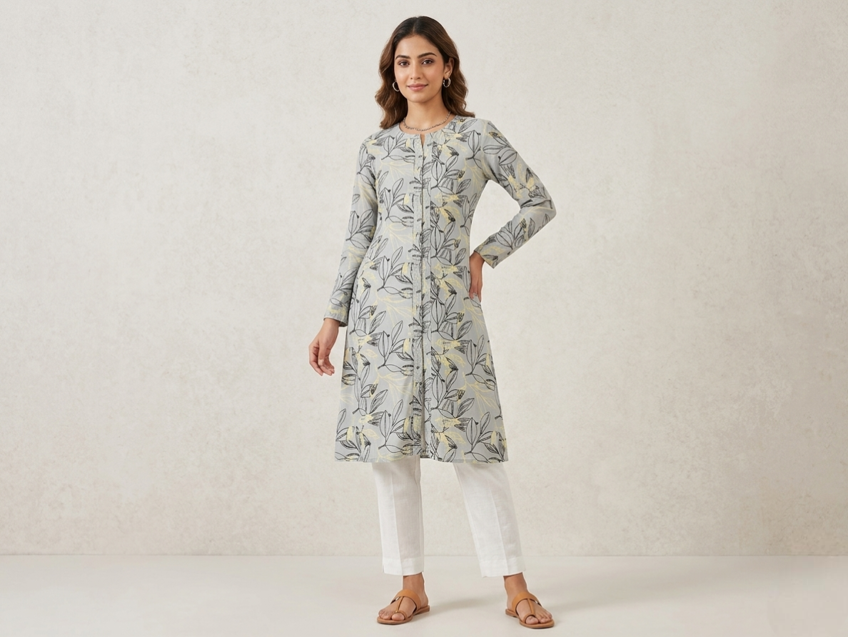 The Azure Leaf Straight Kurti in Dove Grey with Subtle Yellow Accents