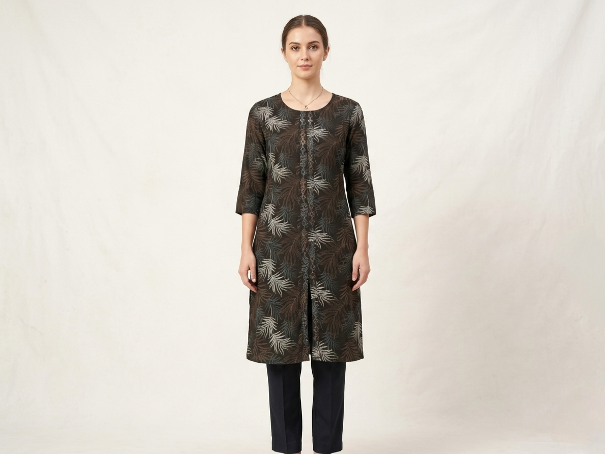 Women’s Dark Earth-Tone Tropical Leaf Print Kurti – 3/4 Sleeve