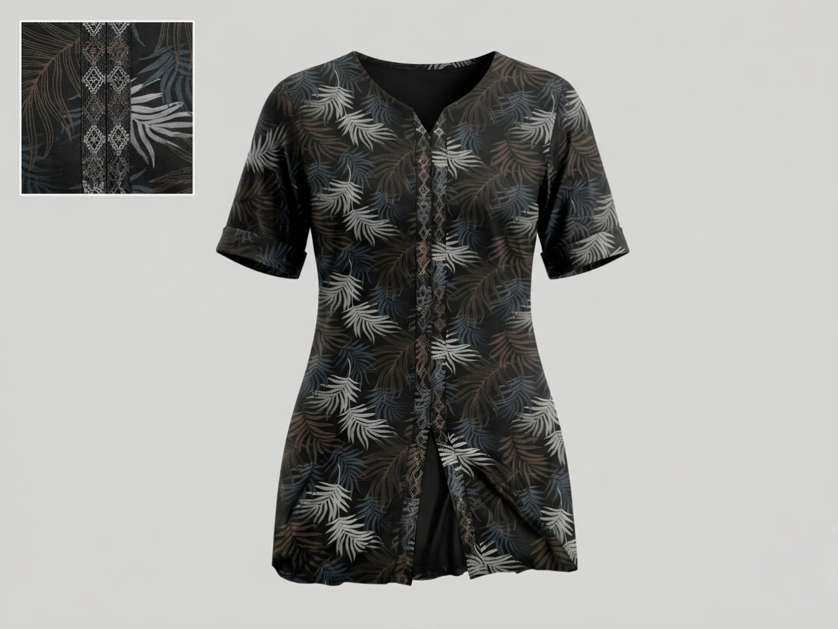 Women’s Dark Earth-Tone Tropical Leaf Print Kurti – 3/4 Sleeve