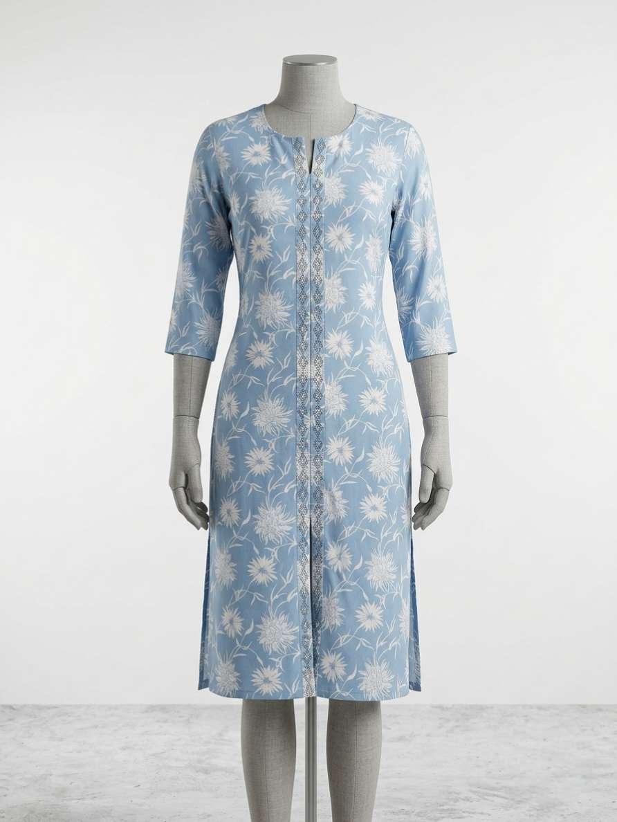 Sky Blue Floral Print Cotton Kurta with Embroidered Placket