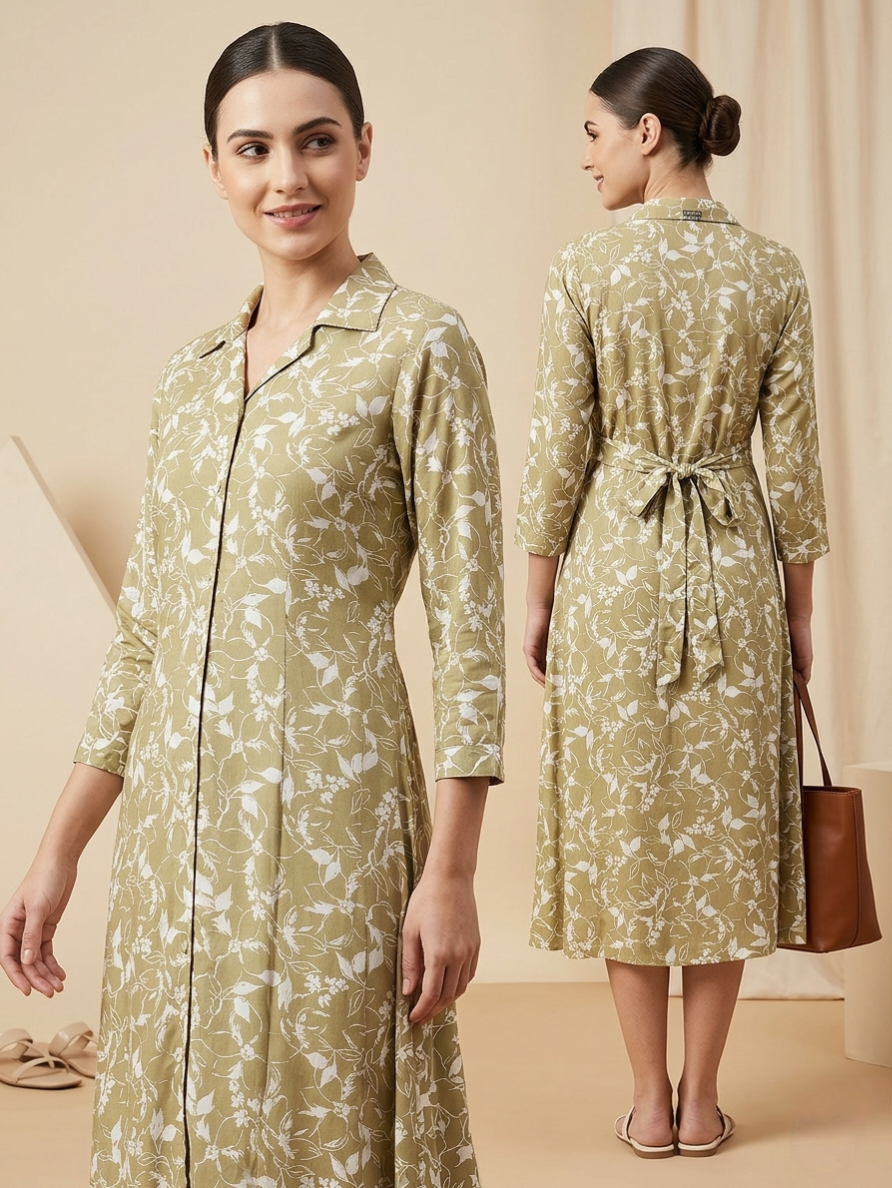 Women's Olive Green & White Floral Cotton Kurti – Collar with Back Bow