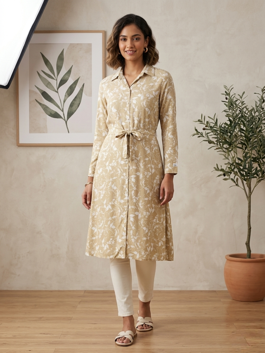 Women's Olive Green & White Floral Cotton Kurti – Collar with Back Bow
