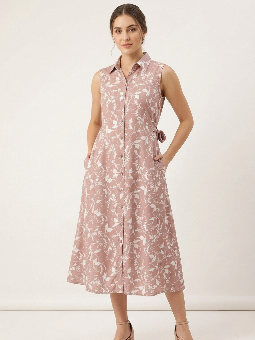 Dusty Rose Floral Print A-Line Kurti with Shirt Collar and Waist Tie-Up