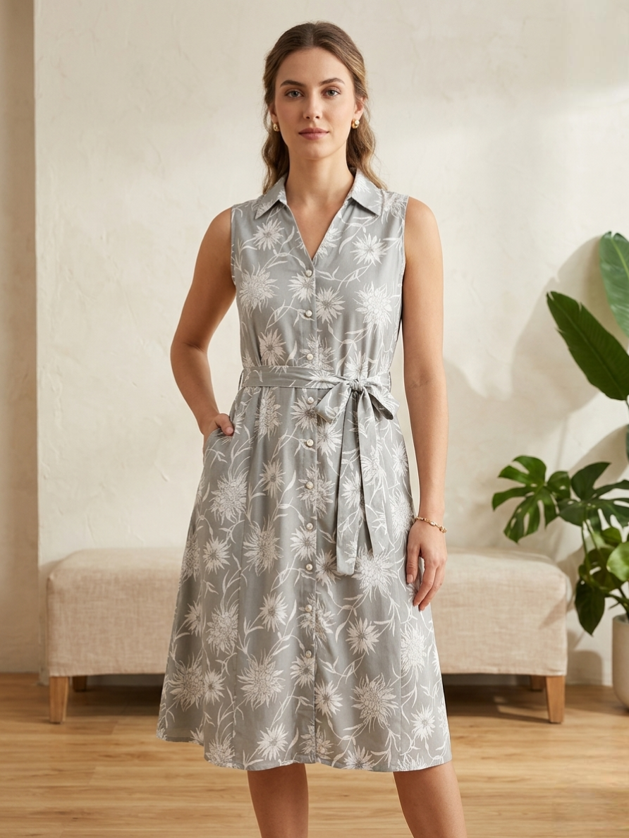 Pastel Grey Floral A-Line Kurti with 3/4 Sleeves and Waist Tie Belt