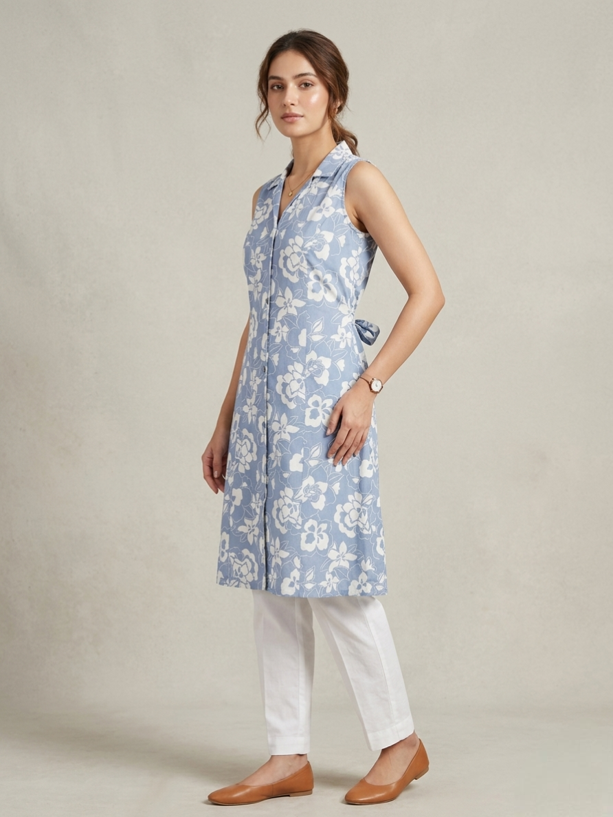 Women's Blue & White Floral Print Kurti with Collar