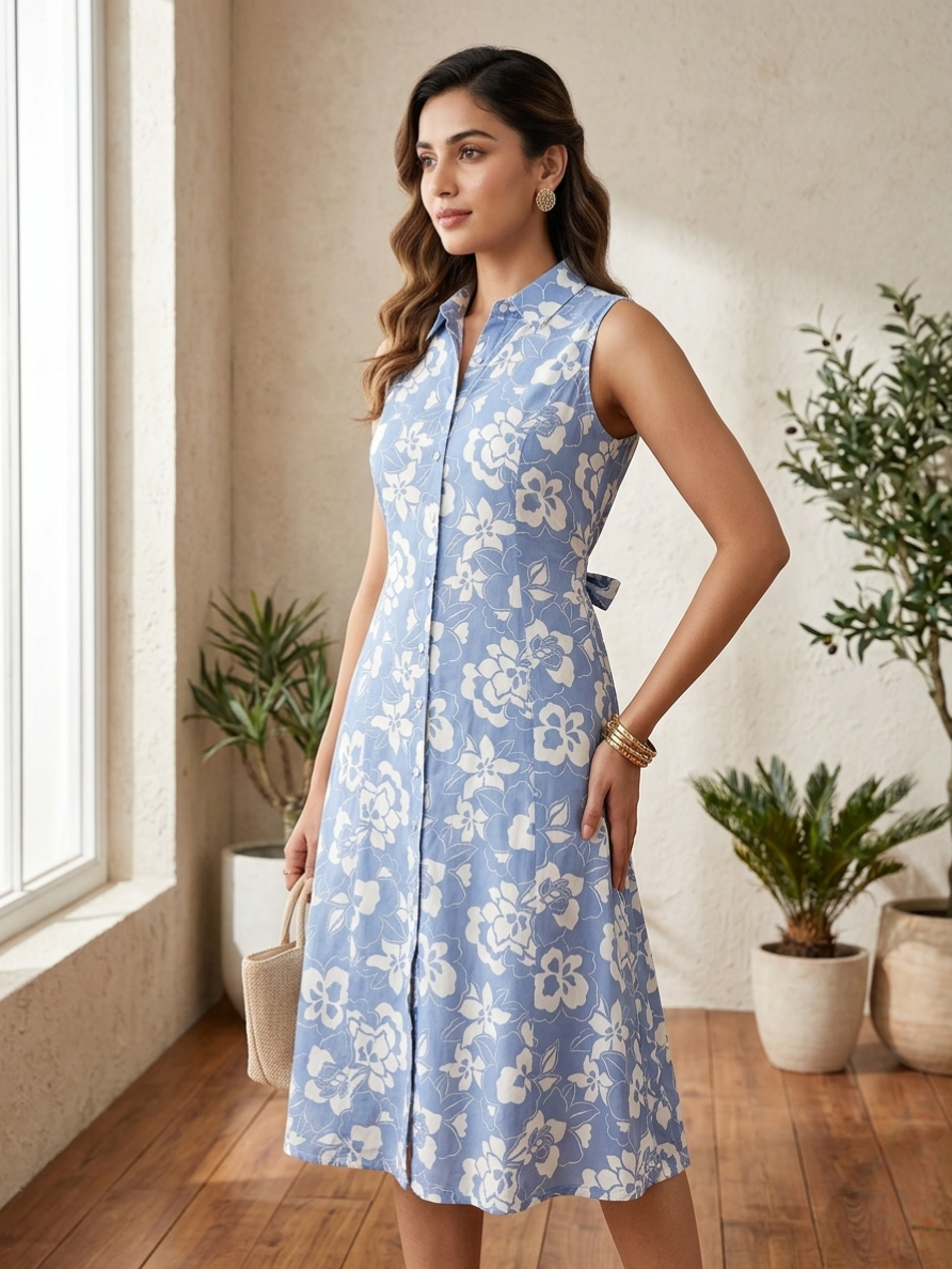 Women's Blue & White Floral Print Kurti with Collar