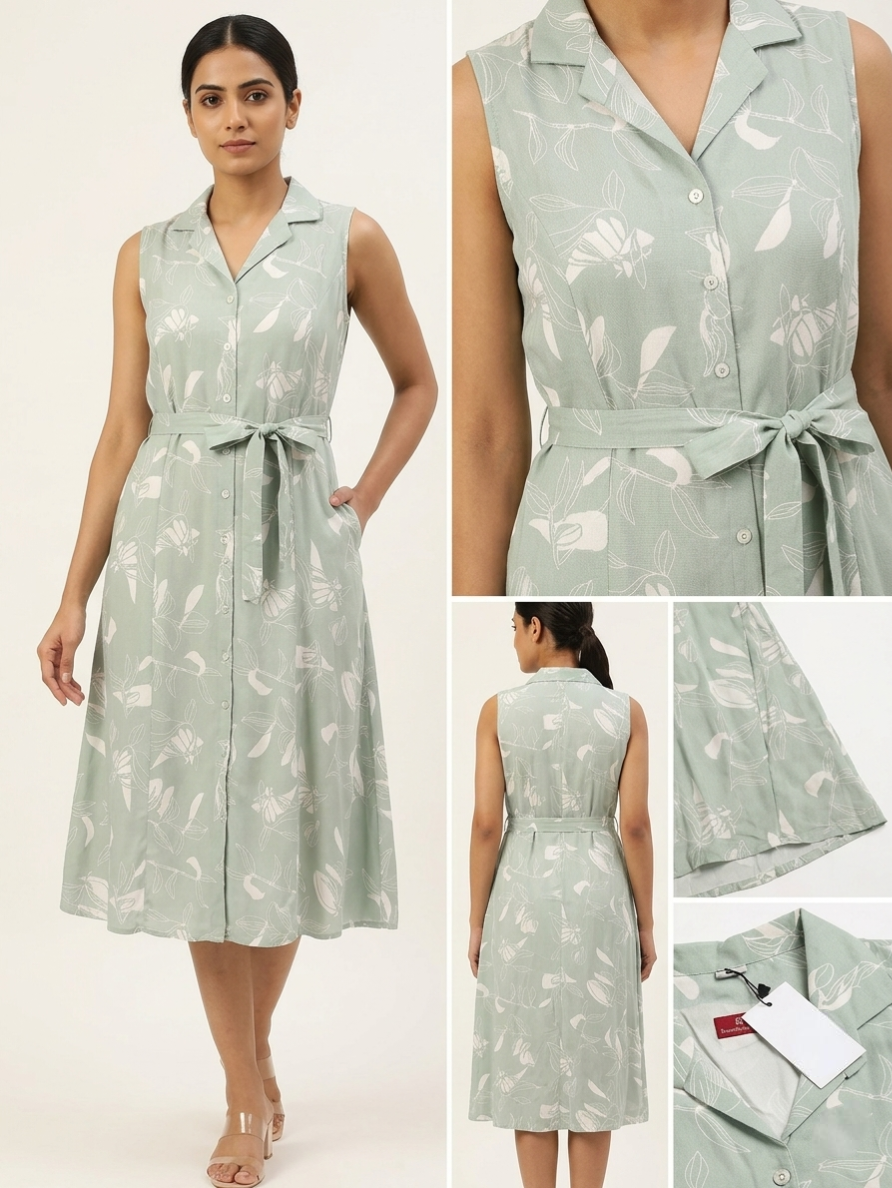 Sage Pista Cotton Floral Kurti featuring Front Buttons and Side Tie-Up
