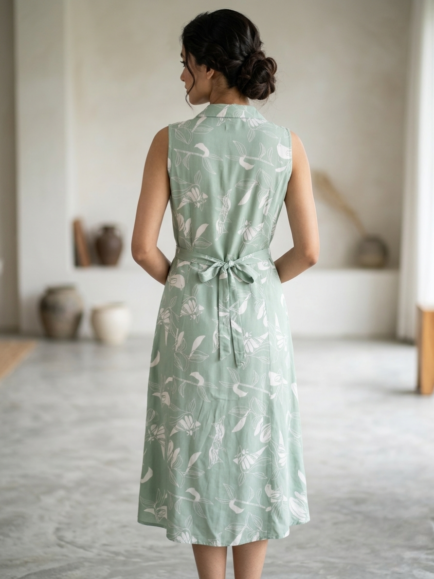 Sage Pista Cotton Floral Kurti featuring Front Buttons and Side Tie-Up