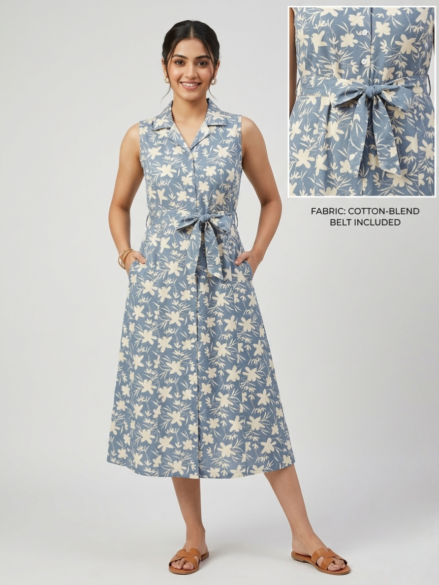 Stunning Bliss Floral Print Cotton-Blend A-Line Kurti with Sleeves and Fabric Belt - SKY Blue