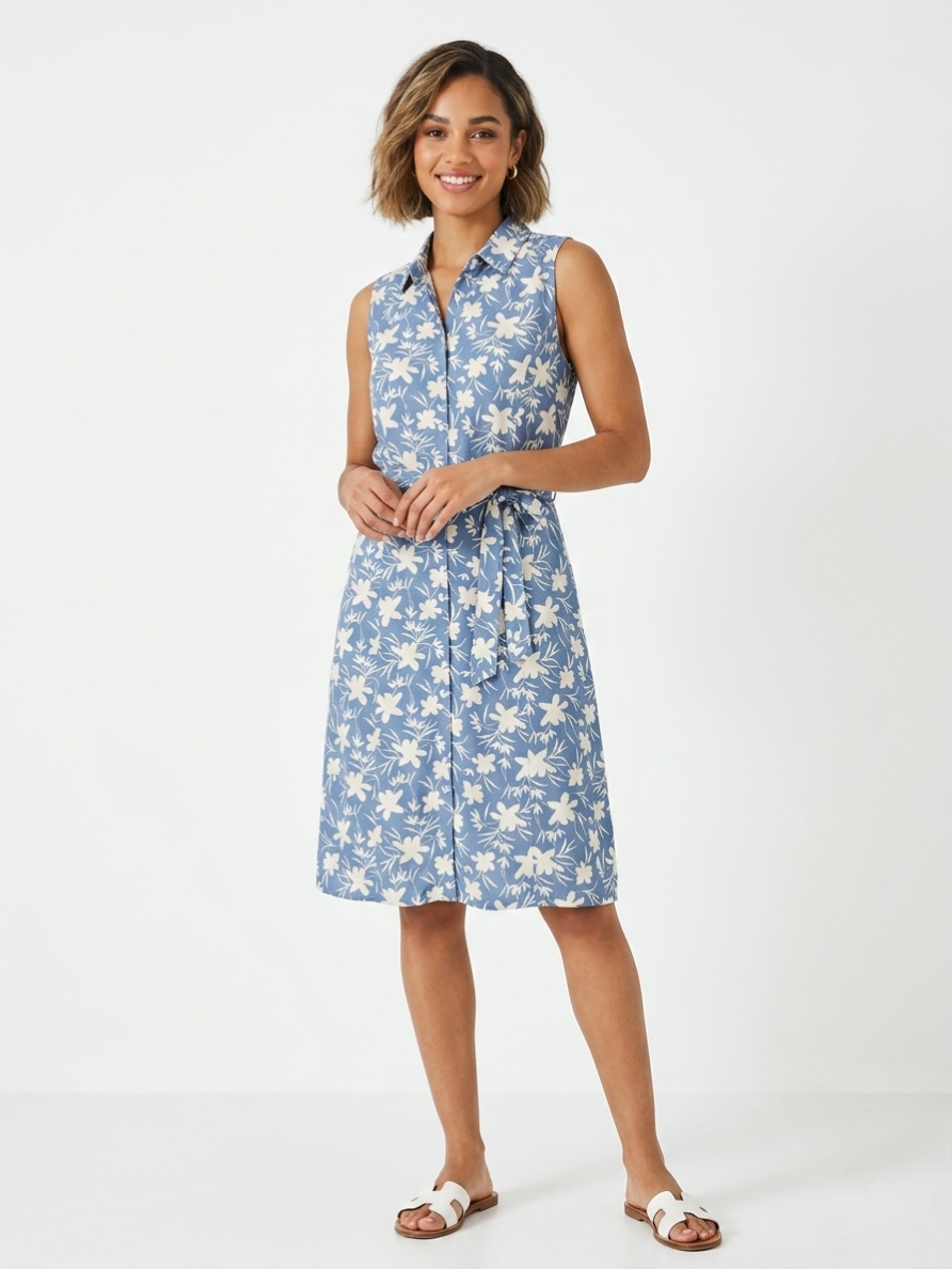 Stunning Bliss Floral Print Cotton-Blend A-Line Kurti with Sleeves and Fabric Belt - SKY Blue