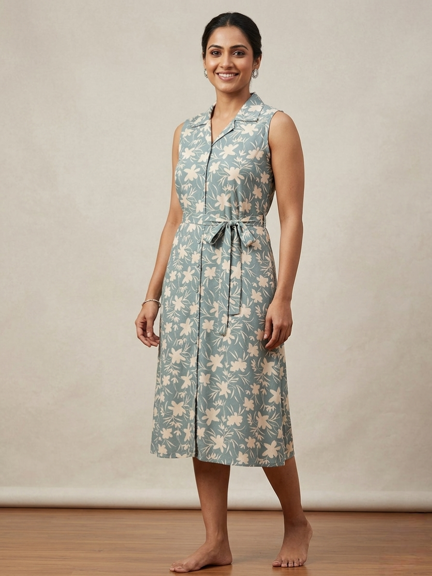 Powder Blue Floral Printed A-Line Kurti with Notch Collar