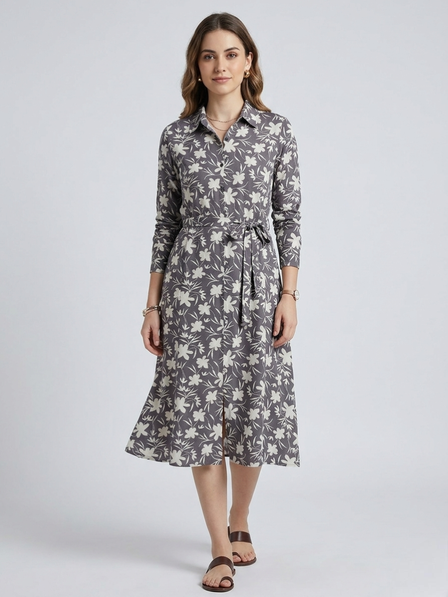 Muted Grey Floral A-Line Long Top – Modern Ethnic Wear