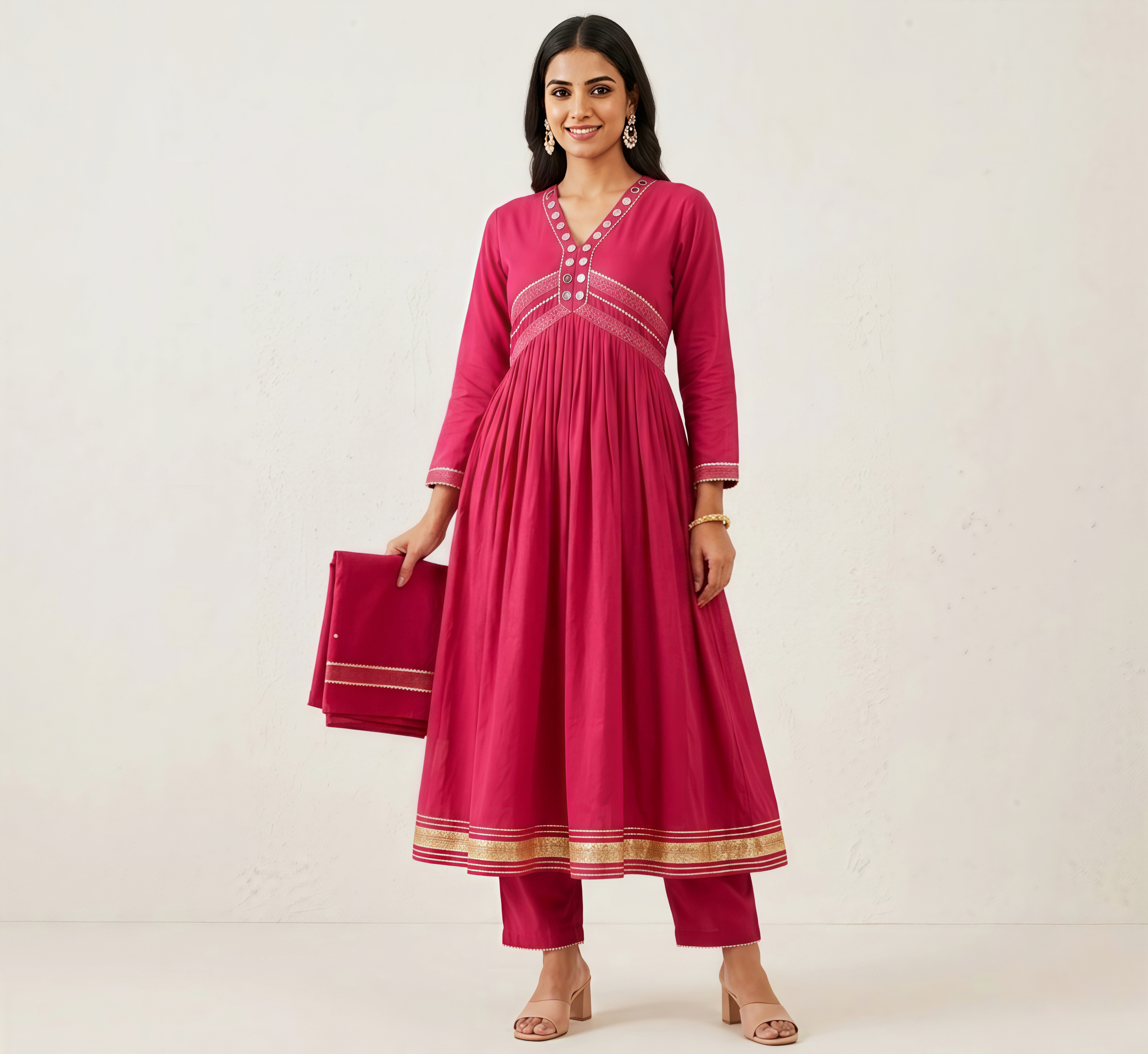 Magenta Pink Handcrafted Cotton Anarkali Suit with Matching Dupatta