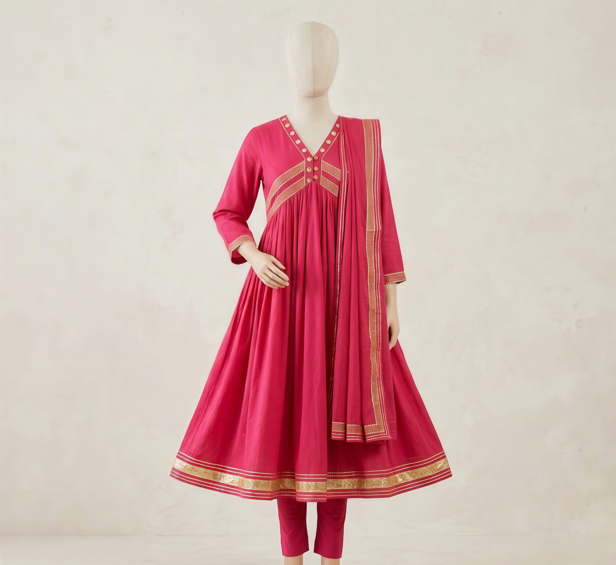Magenta Pink Handcrafted Cotton Anarkali Suit with Matching Dupatta