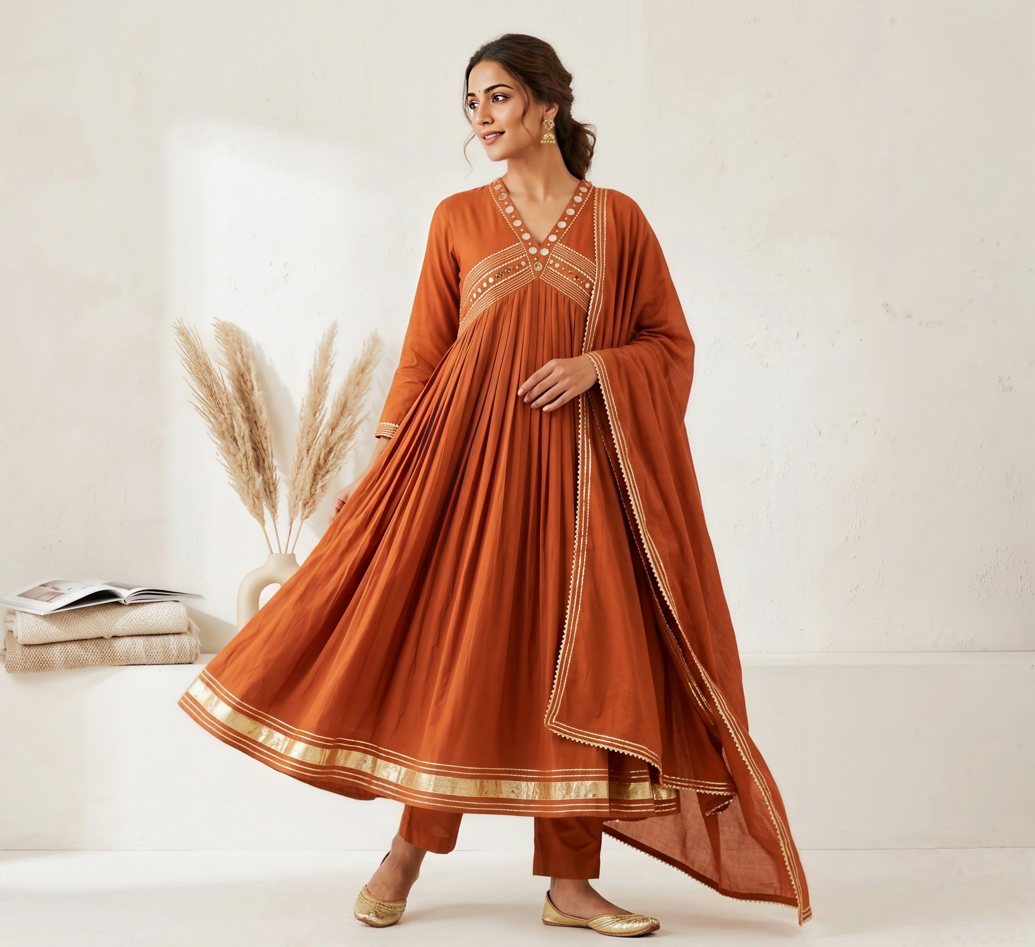 Rust Orange Empire-Waist Anarkali Set with Embellished V-Neck & Palazzos