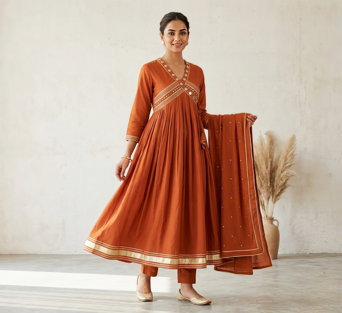 Rust Orange Empire-Waist Anarkali Set with Embellished V-Neck & Palazzos
