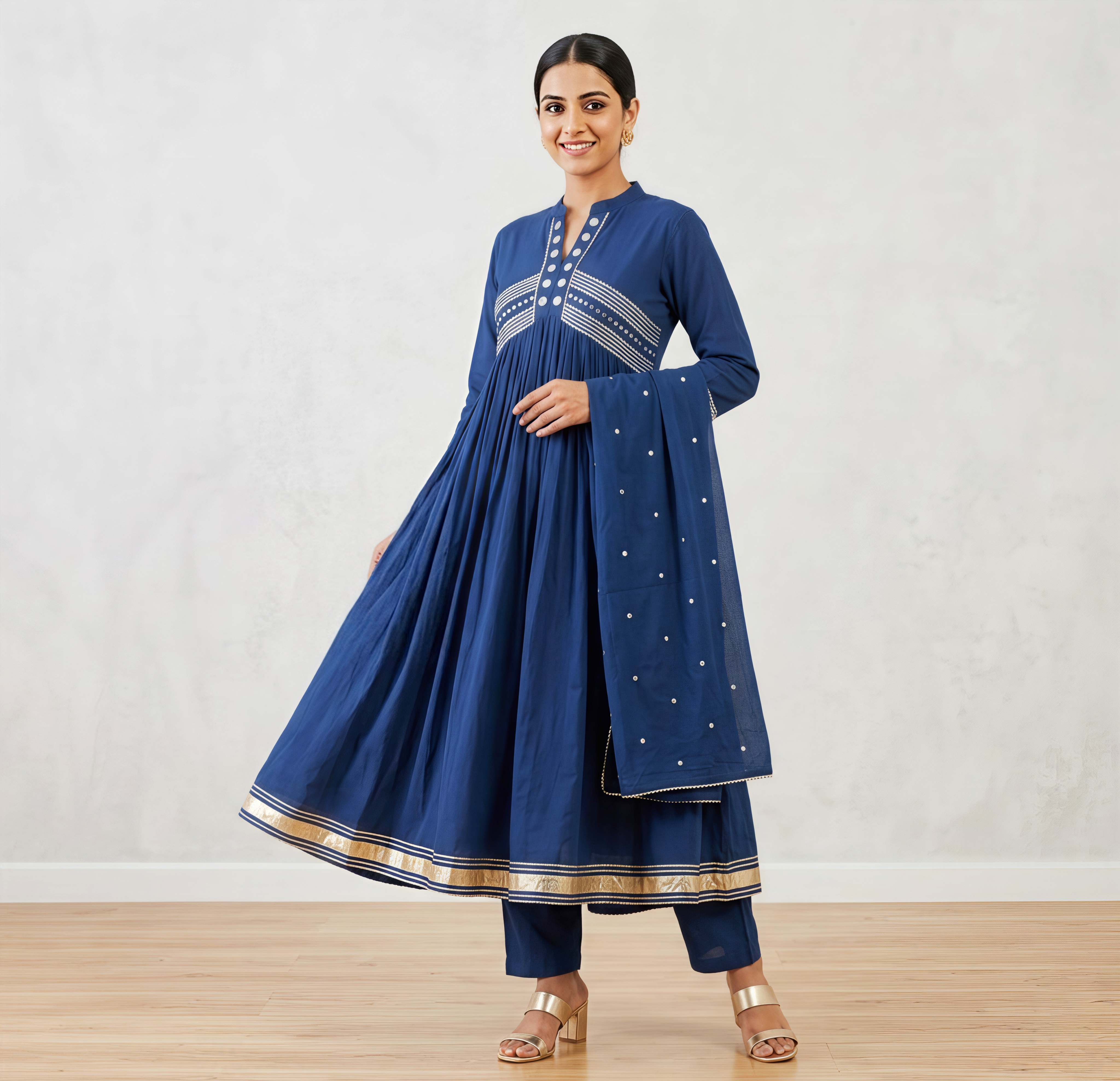 Royal Indigo Gathered Anarkali Suit with Metallic Gold Accents