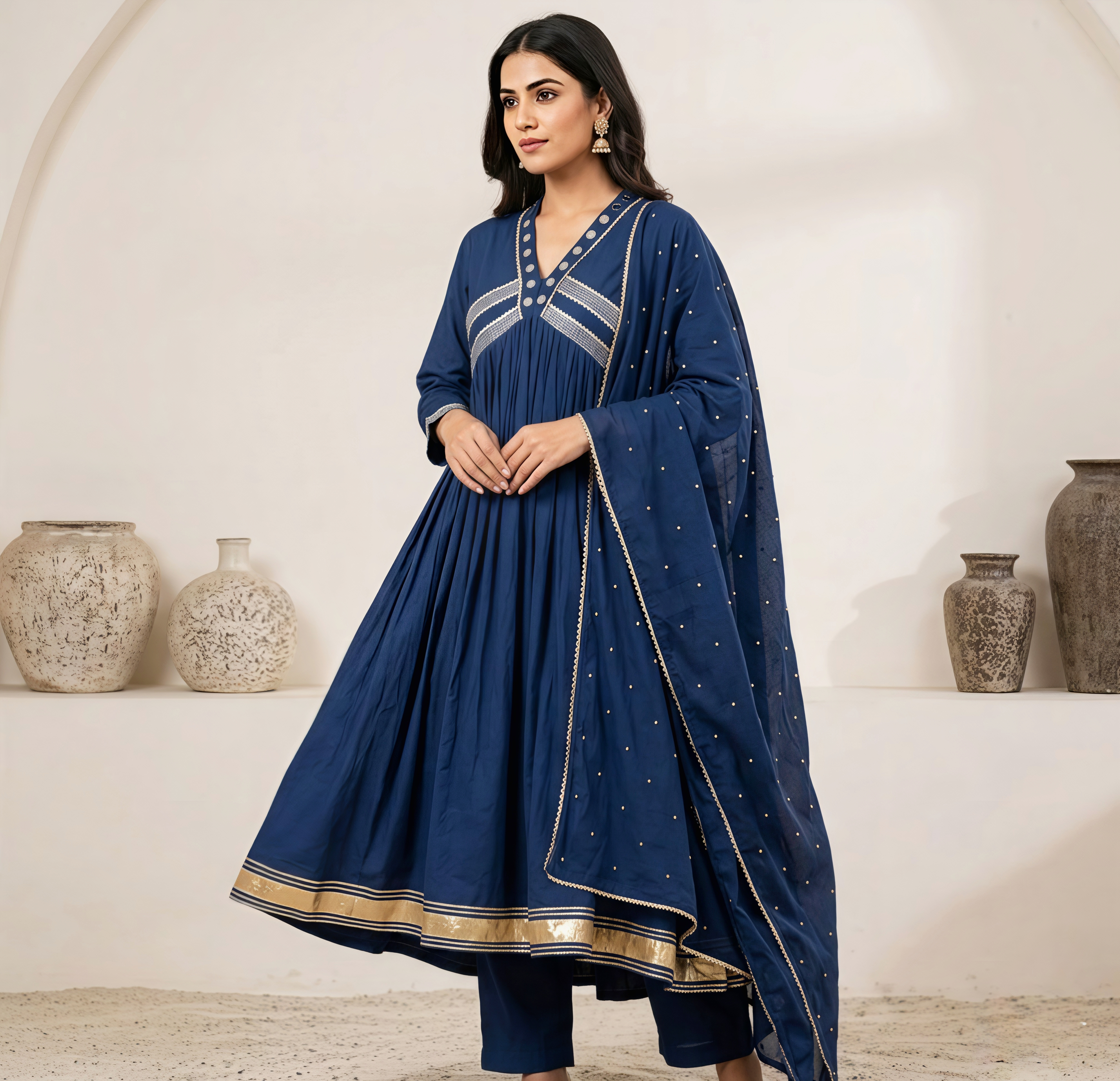 Royal Indigo Gathered Anarkali Suit with Metallic Gold Accents