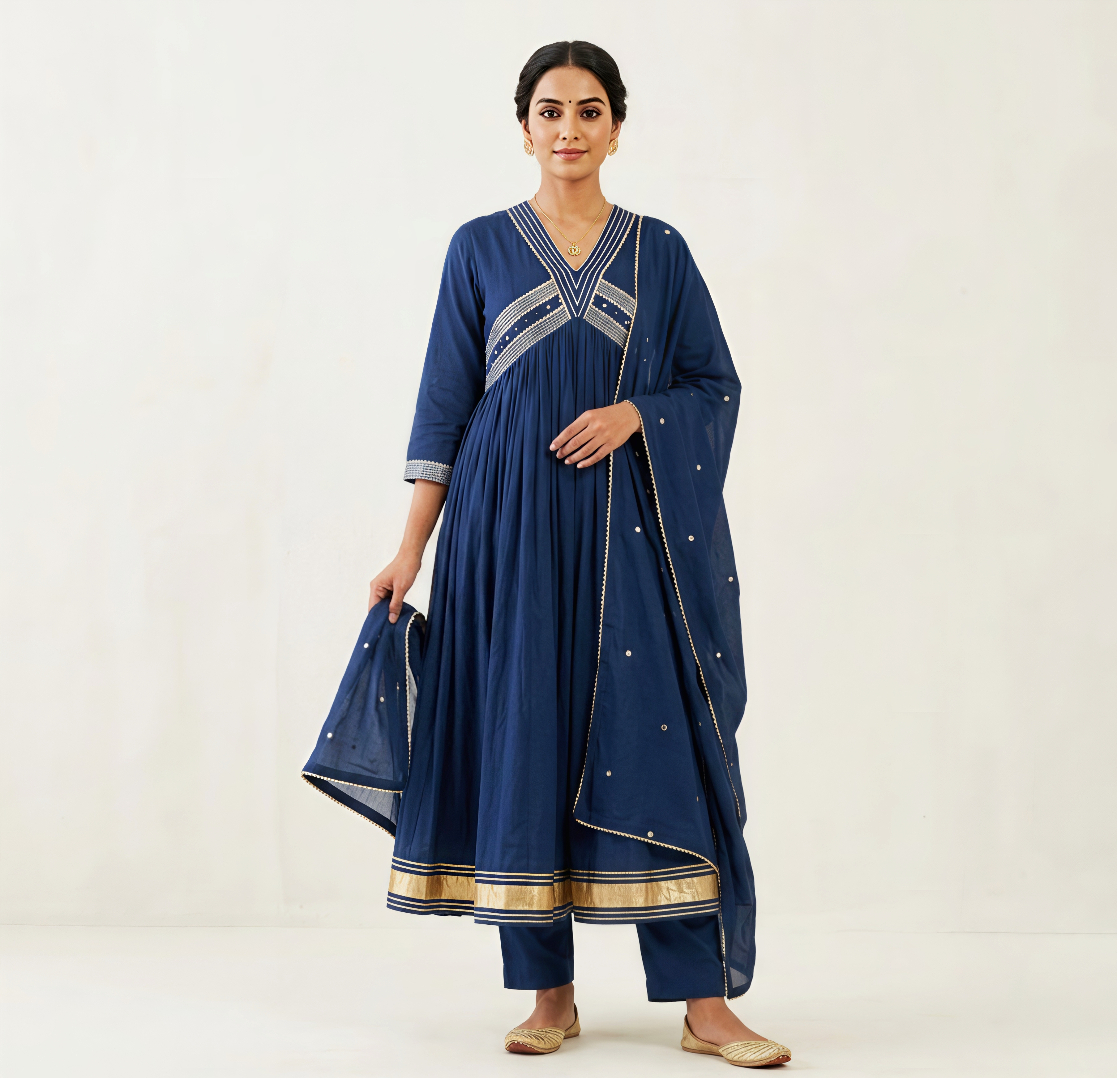 Royal Indigo Gathered Anarkali Suit with Metallic Gold Accents