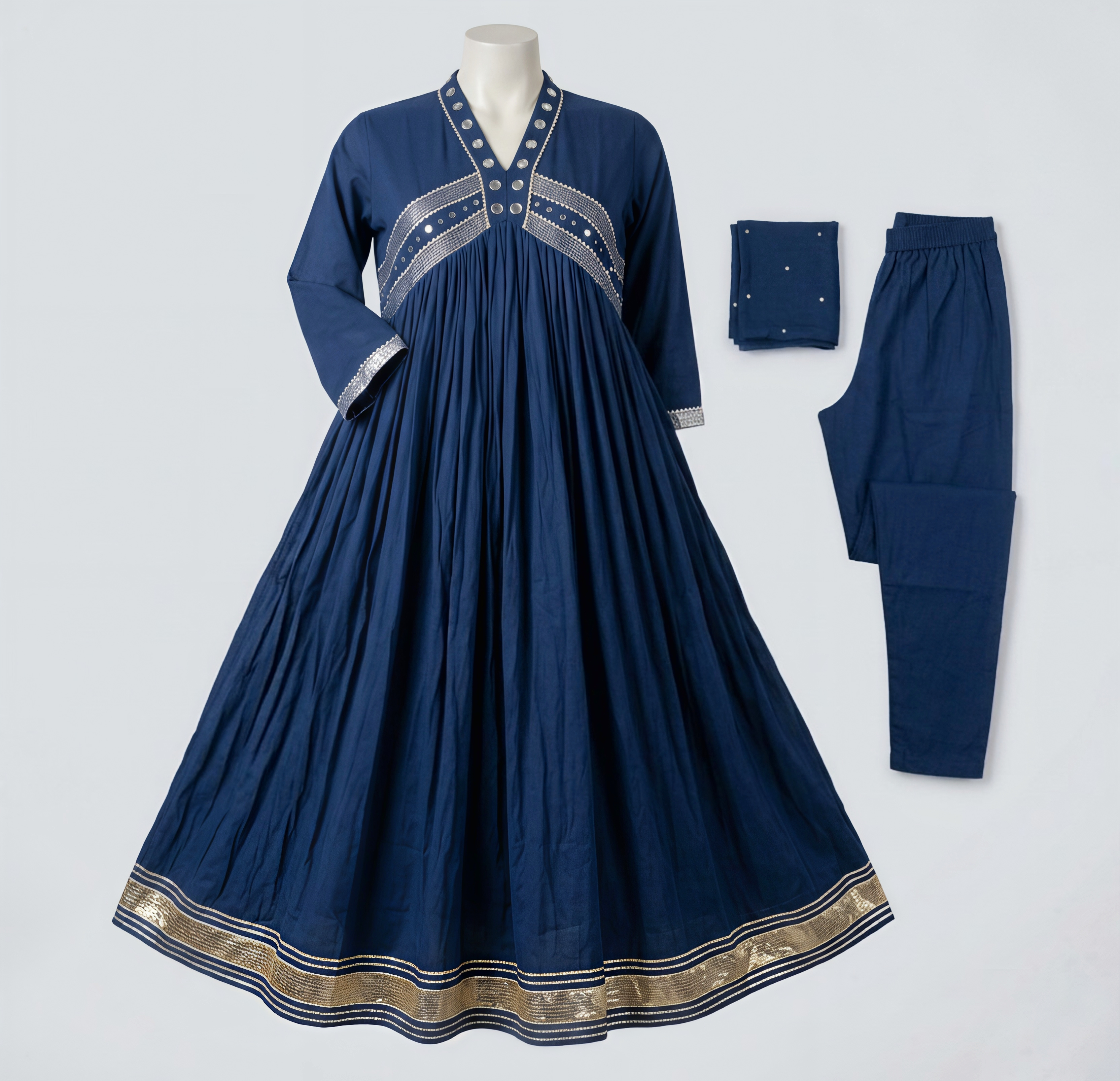 Royal Indigo Gathered Anarkali Suit with Metallic Gold Accents