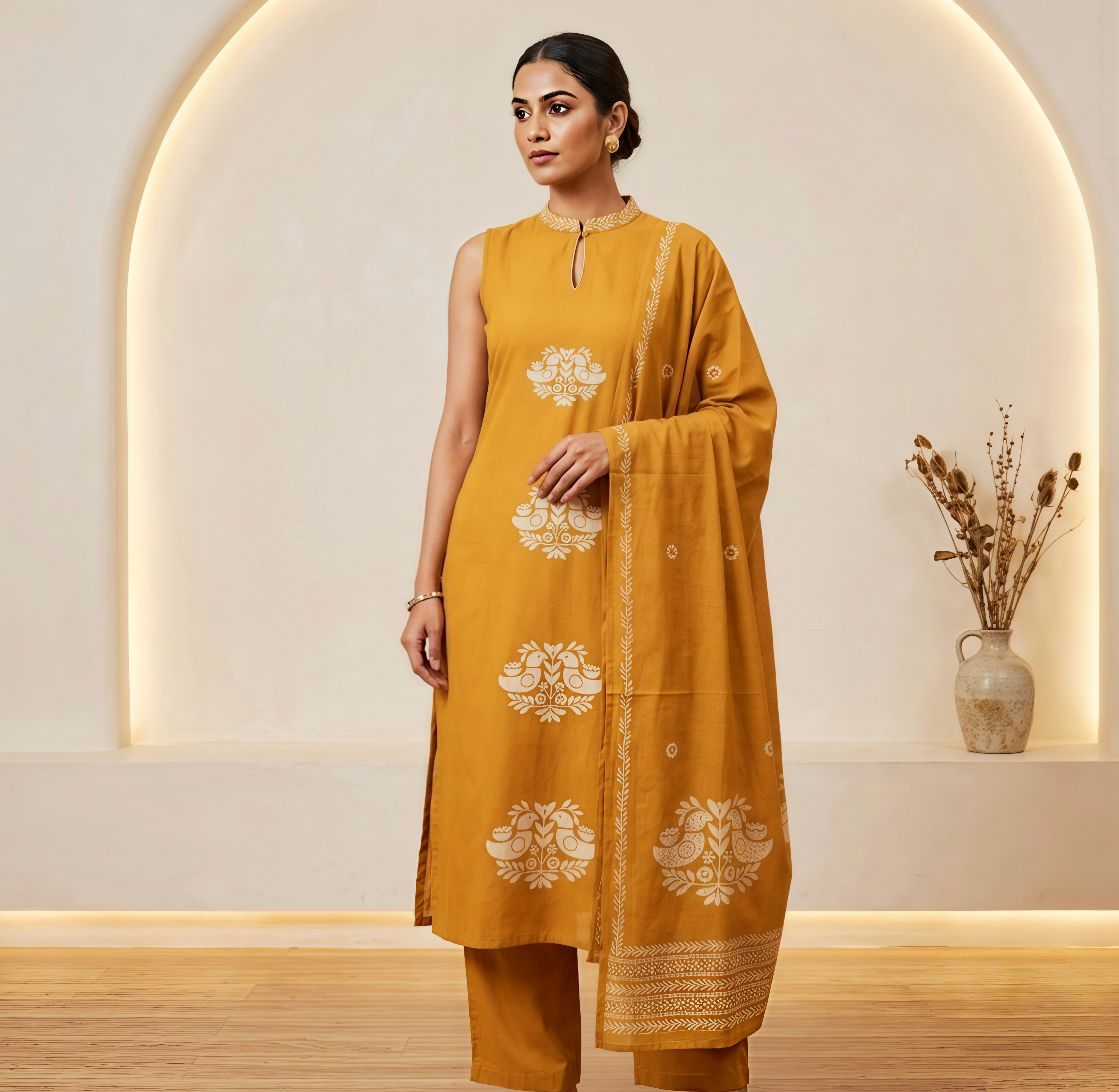 Mustard Yellow Sleeveless Kurta Set with Embroidered Neckline & Matching Dupatta