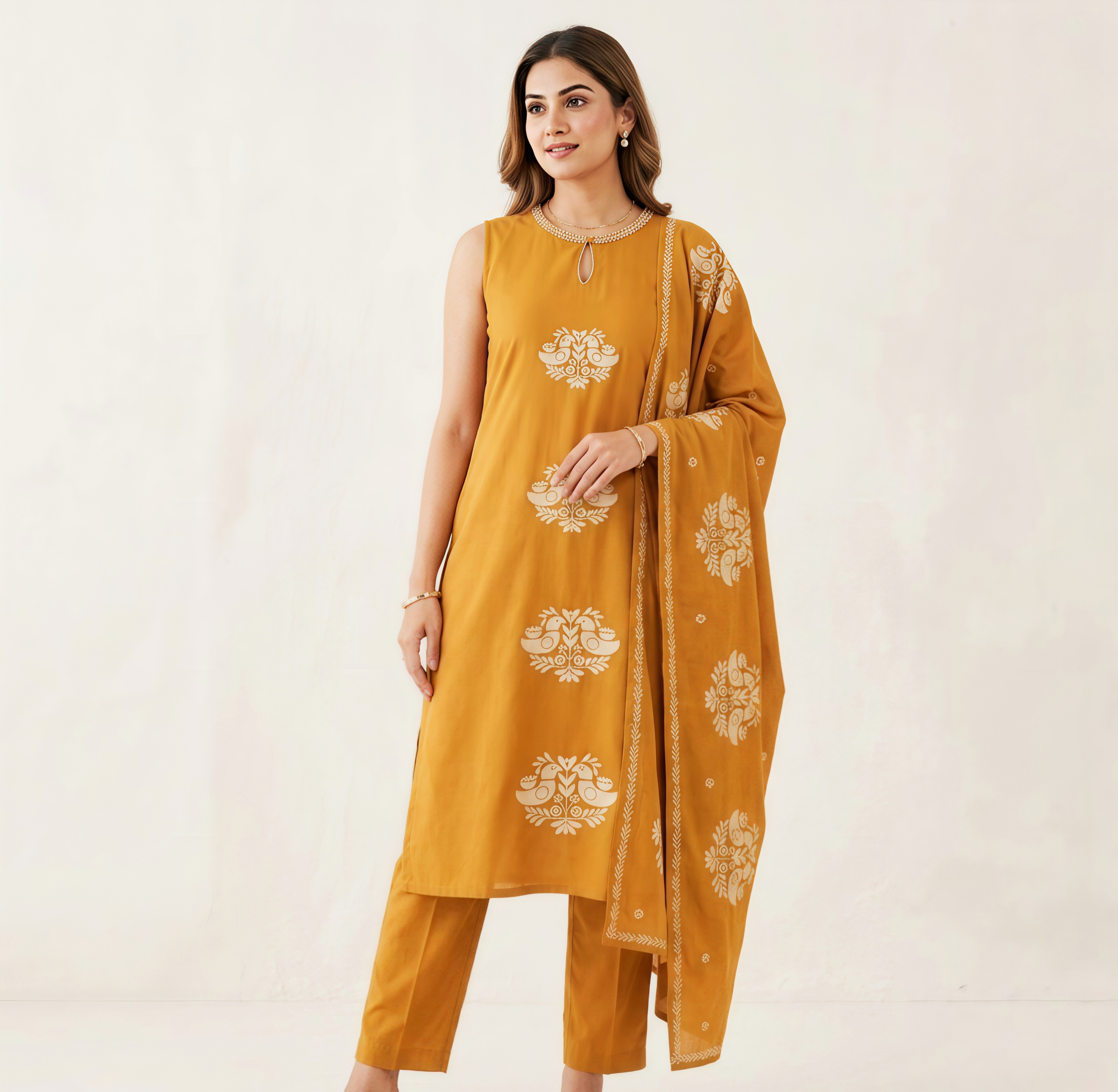 Mustard Yellow Sleeveless Kurta Set with Embroidered Neckline & Matching Dupatta